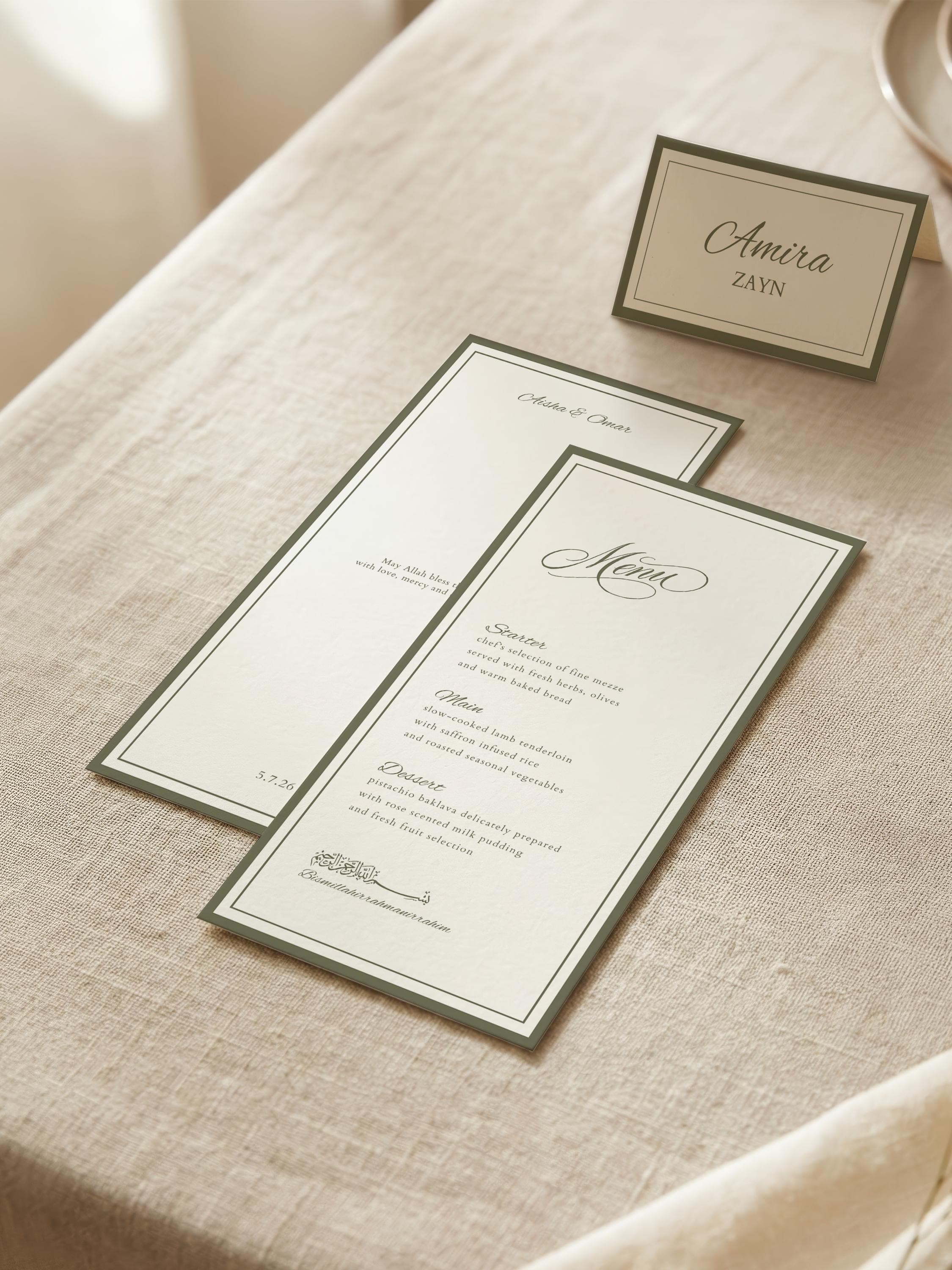 Islamic Wedding Menu & Place Card Template: Elegant Green Muslim Nikkah Reception Set (Digital Download) - image 4