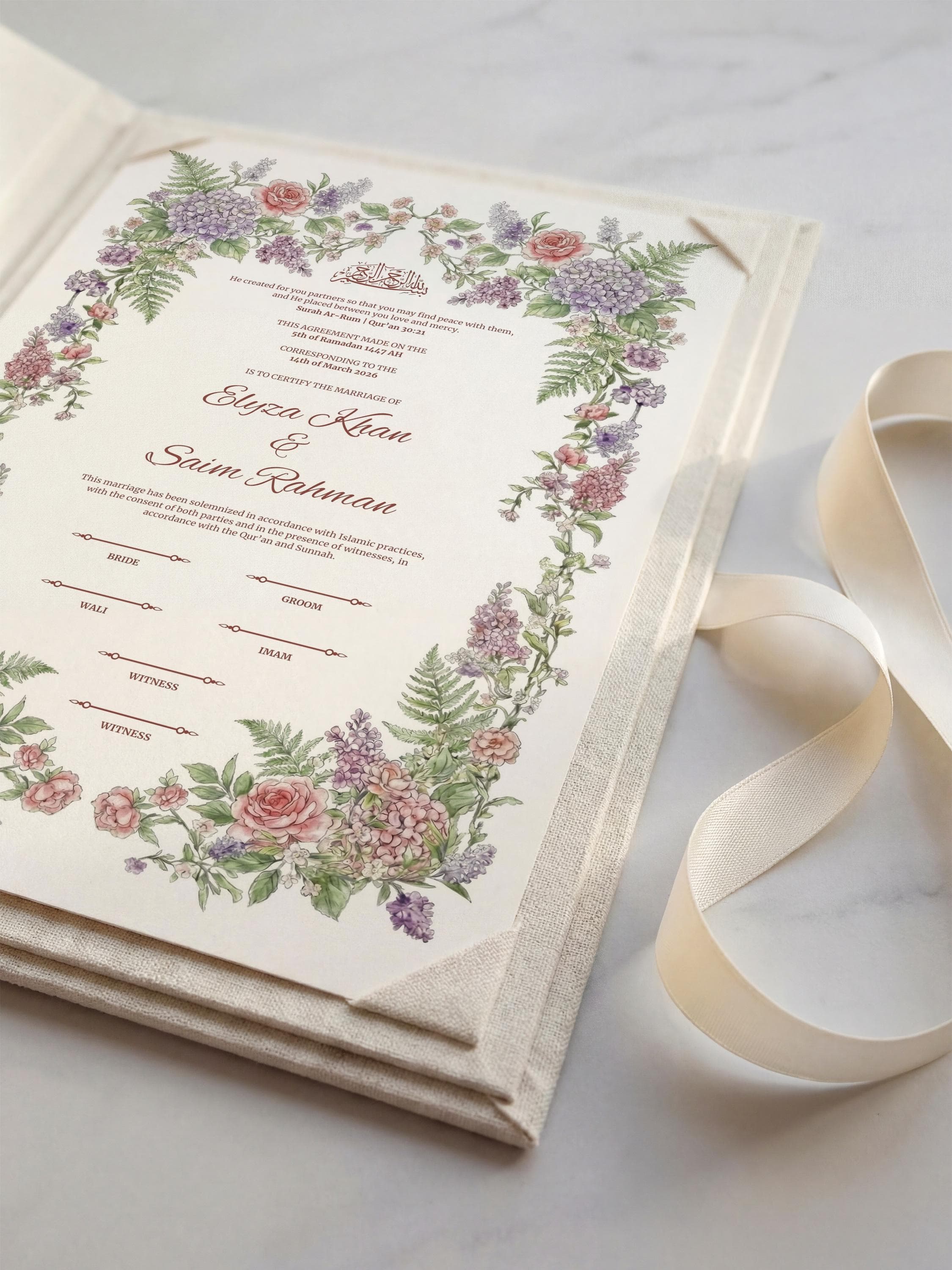 Pastel Floral Islamic Nikkah Certificate: Editable Muslim Wedding Contract (A3 & A4 Canva Template) - image 4