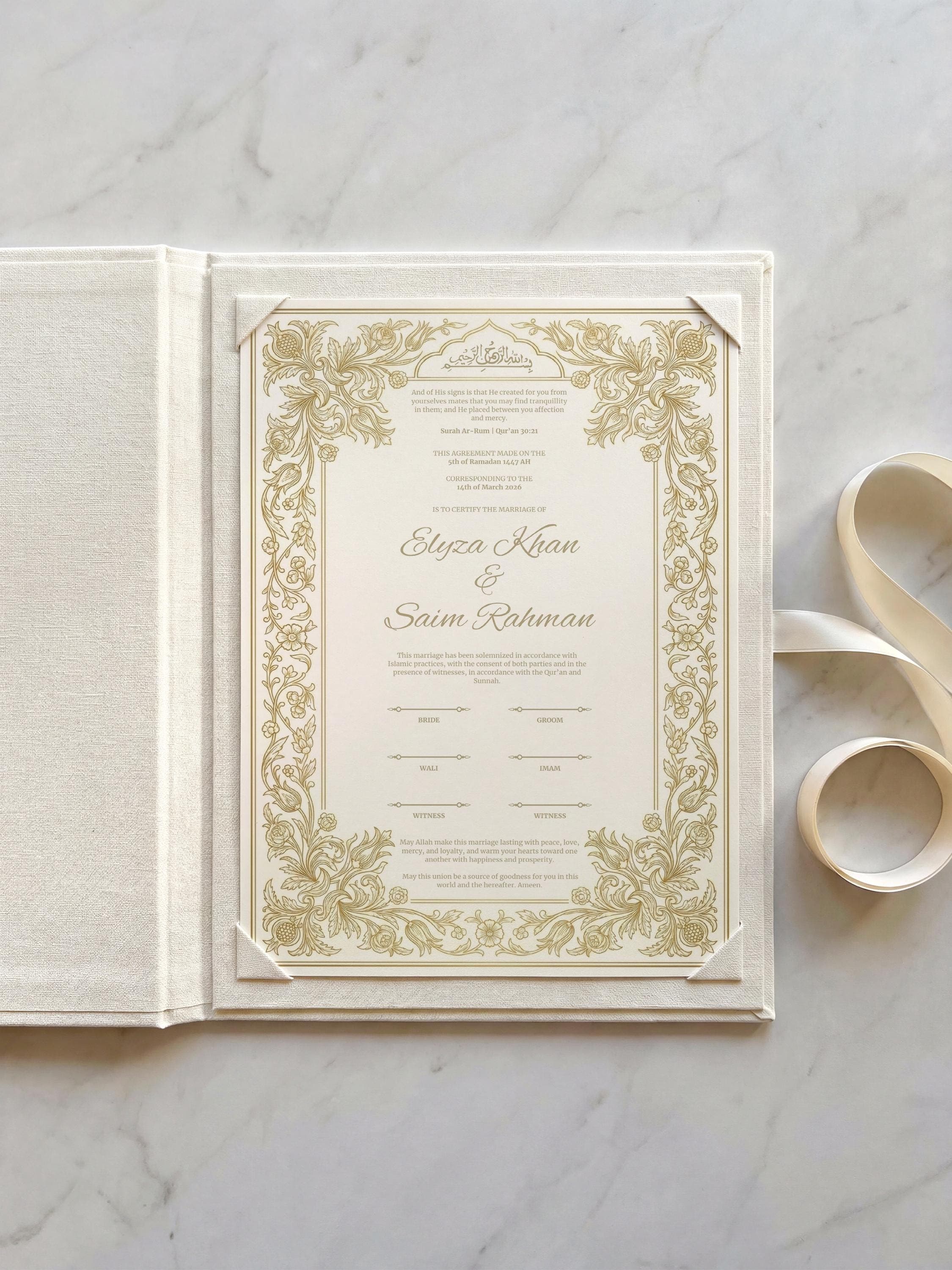Gold Floral Islamic Nikkah Certificate: Luxury Muslim Wedding Certificate, Personalized Marriage Contract