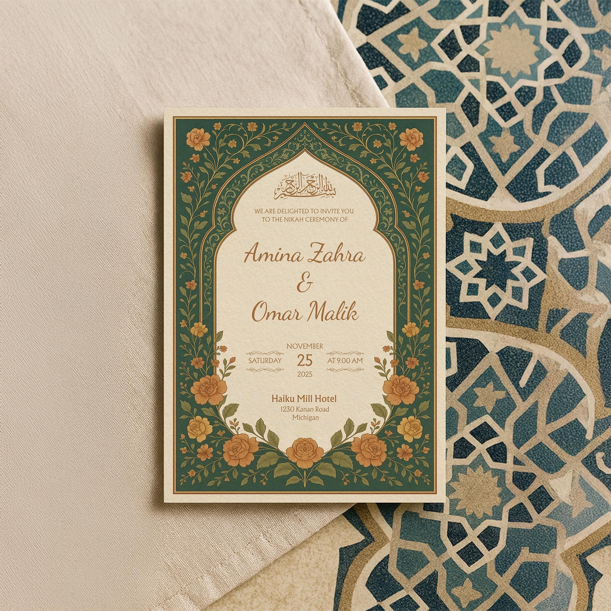 Editable Nikah Invitation Template | Dark Green Burnt Orange Floral Muslim Wedding Canva Card Printable for Islamic Ceremony | WA16