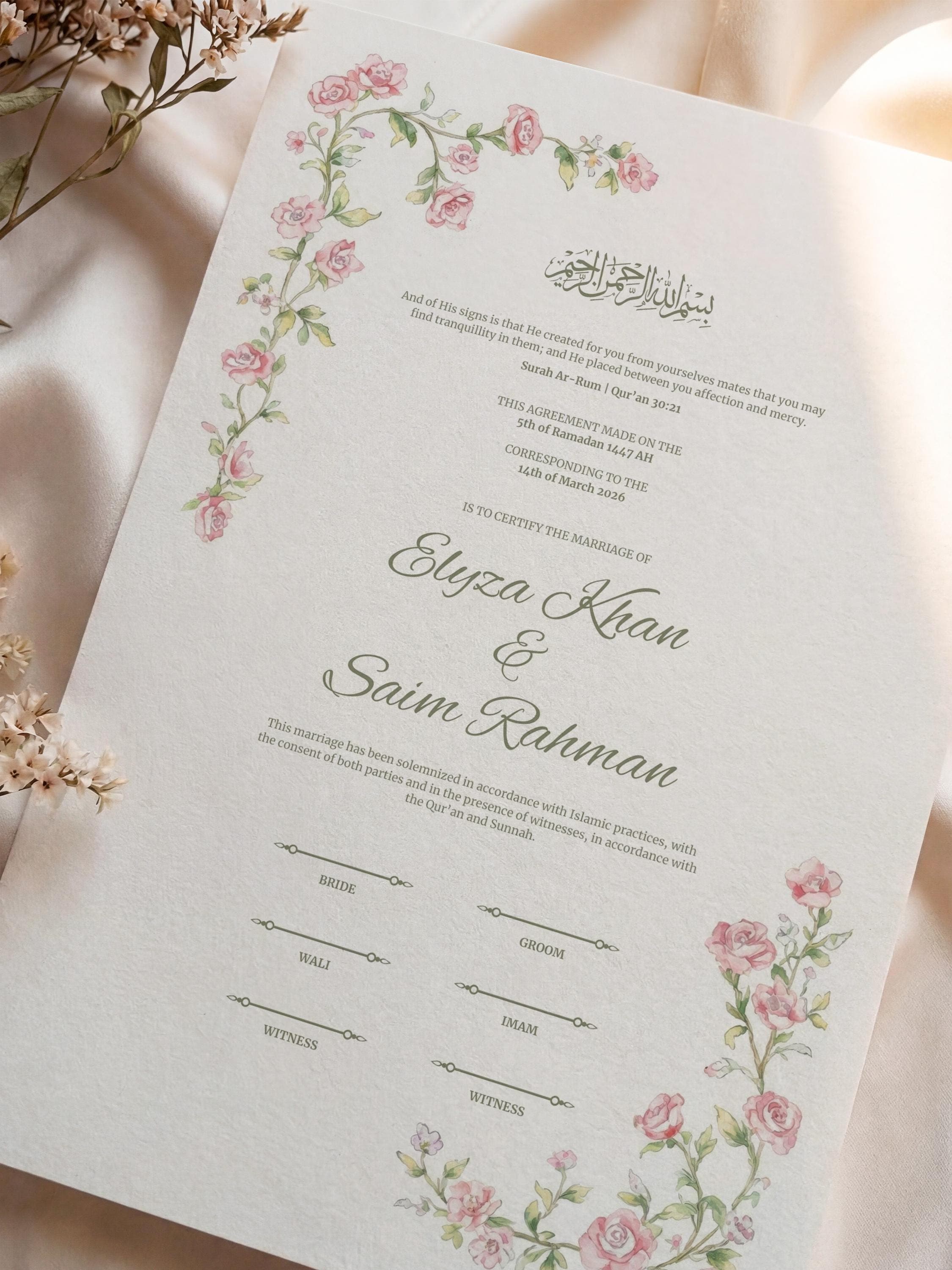 Pink Floral Islamic Nikkah Certificate: Editable Muslim Wedding Contract (A3 & A4 Canva Template) - image 3