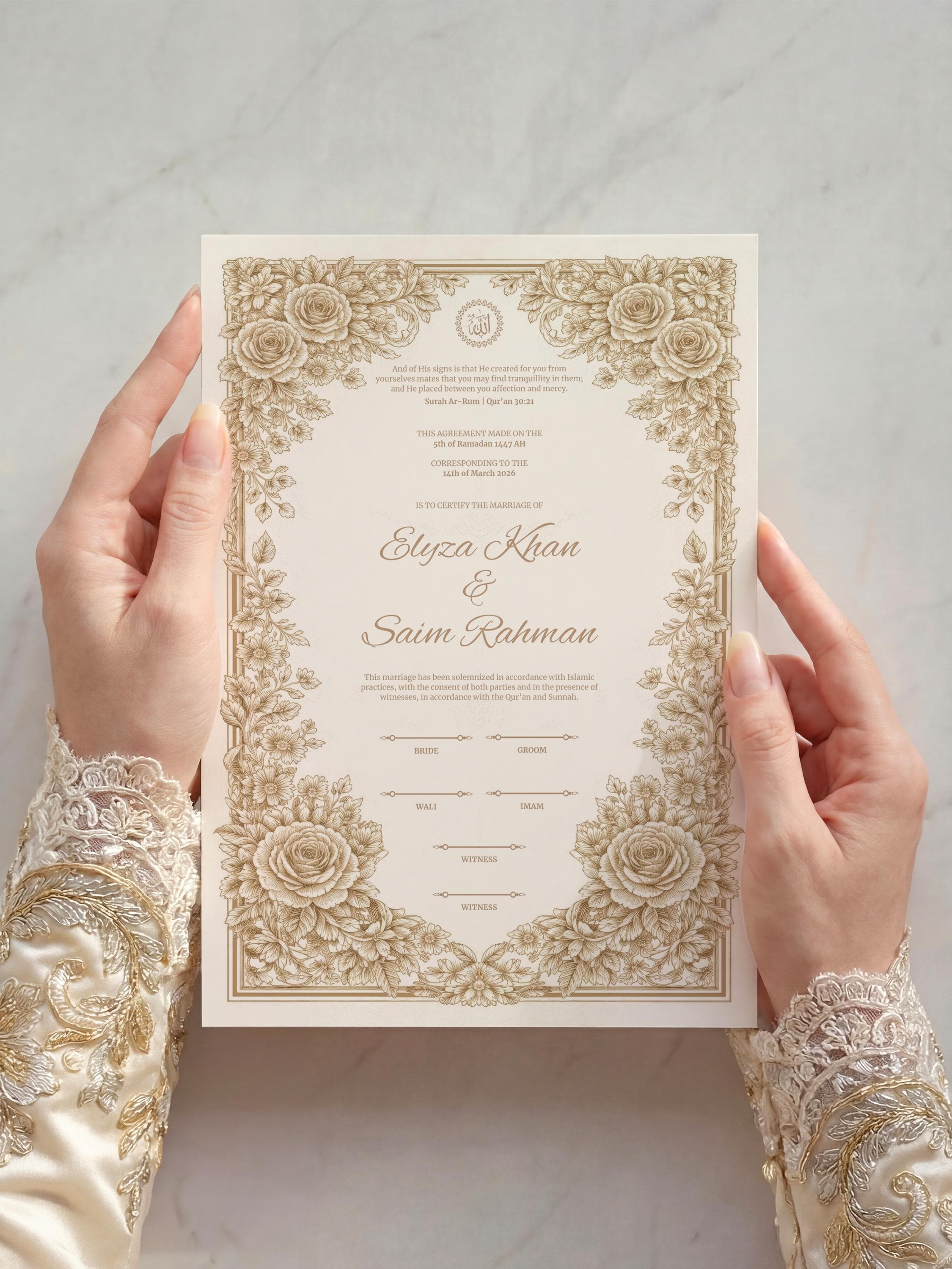 Gold Floral Islamic Nikkah Certificate: Rose Frame Muslim Wedding Keepsake, Romantic Personalized Marriage Contract - image 5
