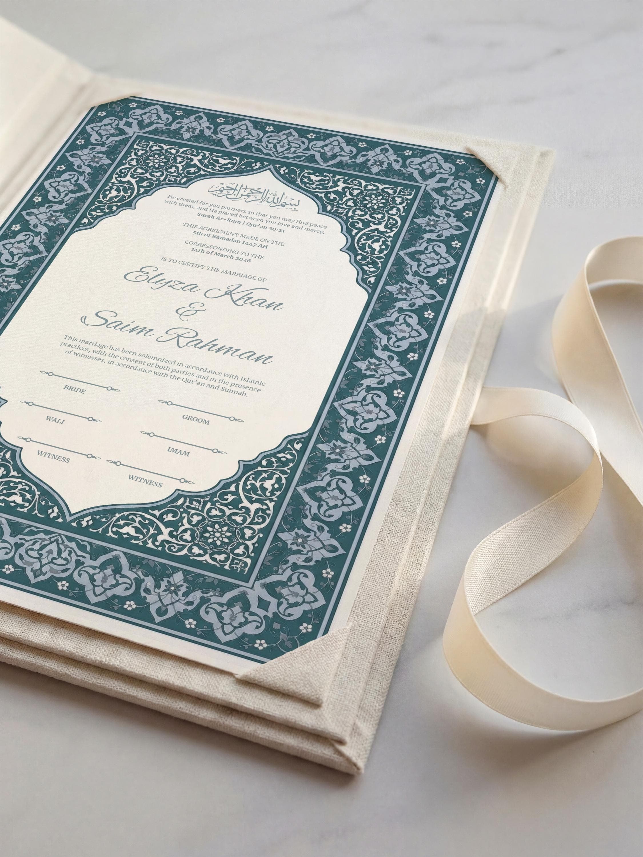 Teal Blue Islamic Nikkah Certificate: Ornate Arch Muslim Wedding Contract, Elegant Marriage Template - image 5