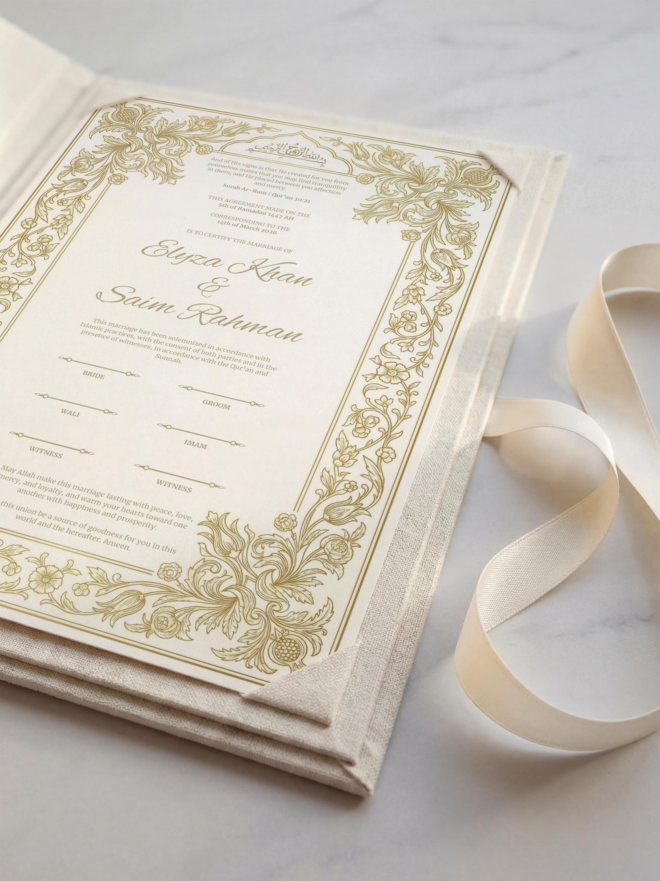 Gold Floral Islamic Nikkah Certificate: Luxury Muslim Wedding Certificate, Personalized Marriage Contract - image 4