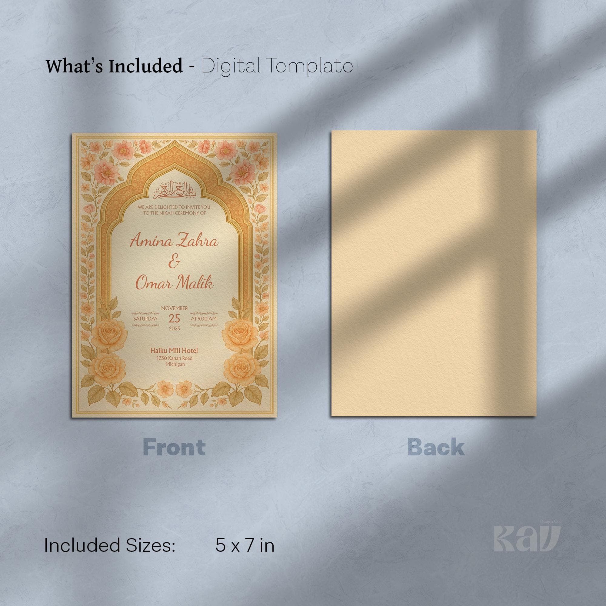 Customizable Islamic Canva Template | Printable Muslim Nikah Design with Golden Floral Details & Editable Arabic Calligraphy | WA06 - image 5