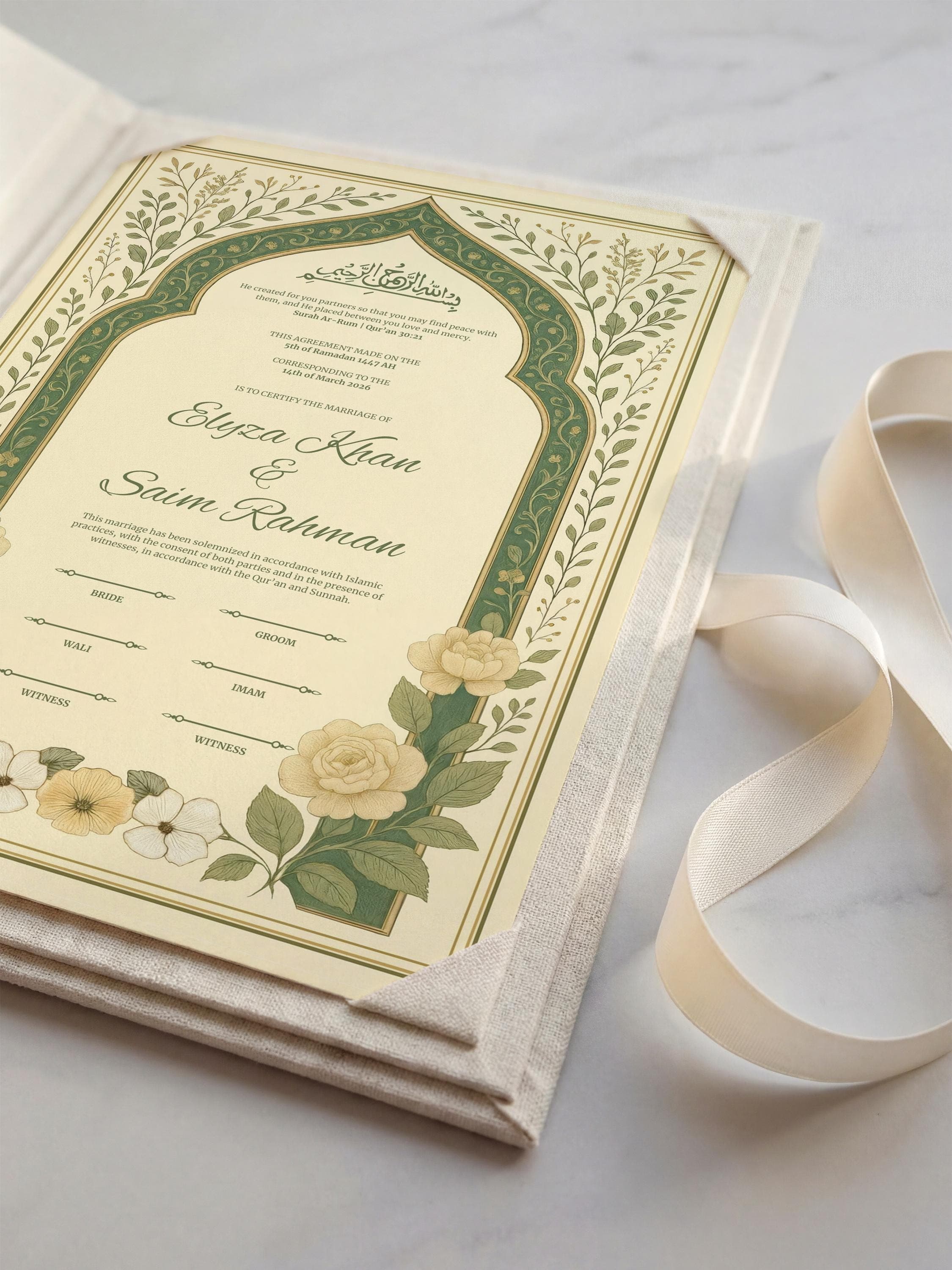 Editable Green Floral Muslim Nikkah Certificate | Luxury Islamic Wedding Contract (Digital Download, Canva Template A3/A4) - image 4