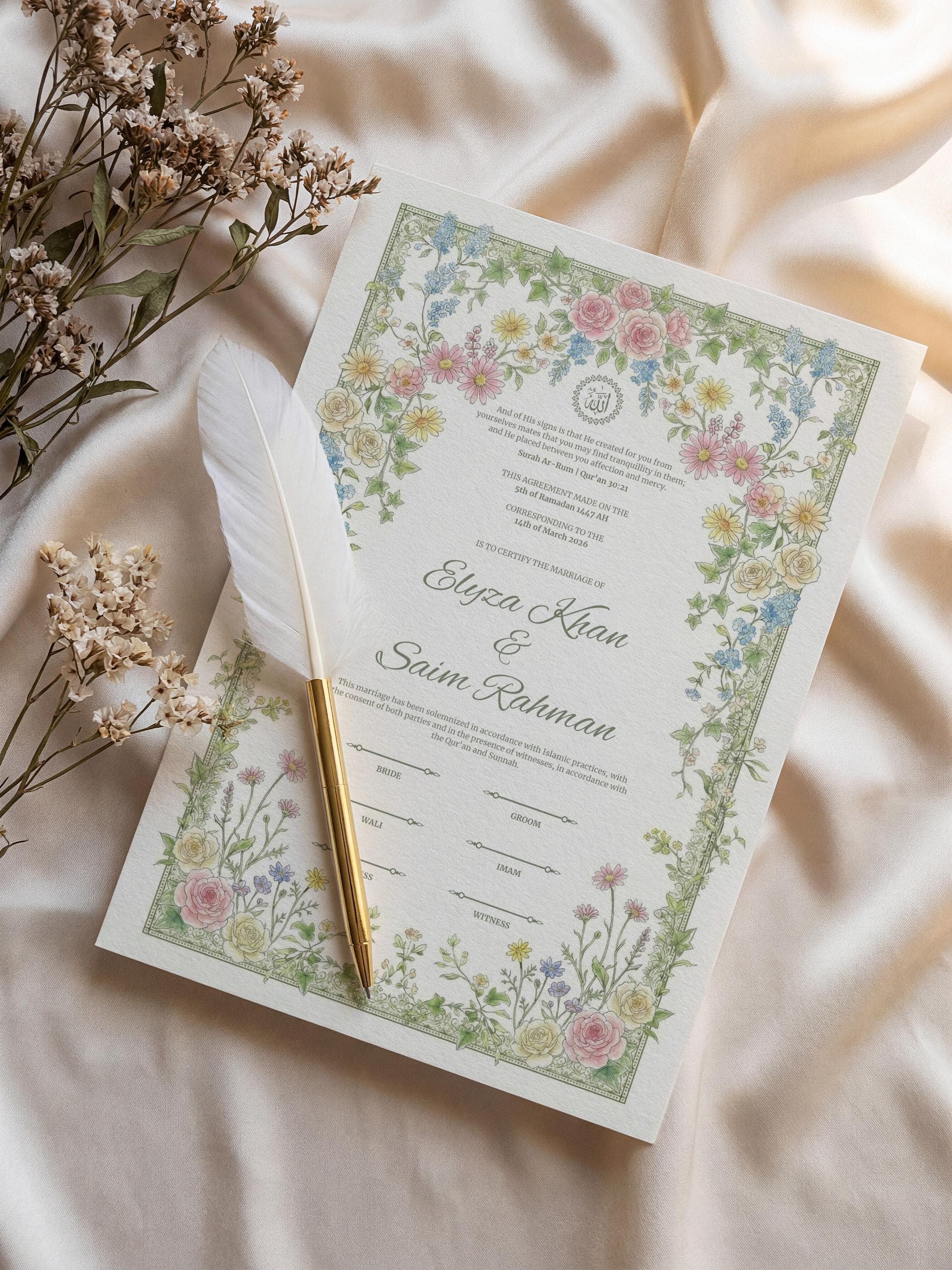 Wildflower Islamic Nikkah Certificate: Soft Pastel Floral Muslim Wedding Contract, Romantic Personalized Marriage Template - image 4