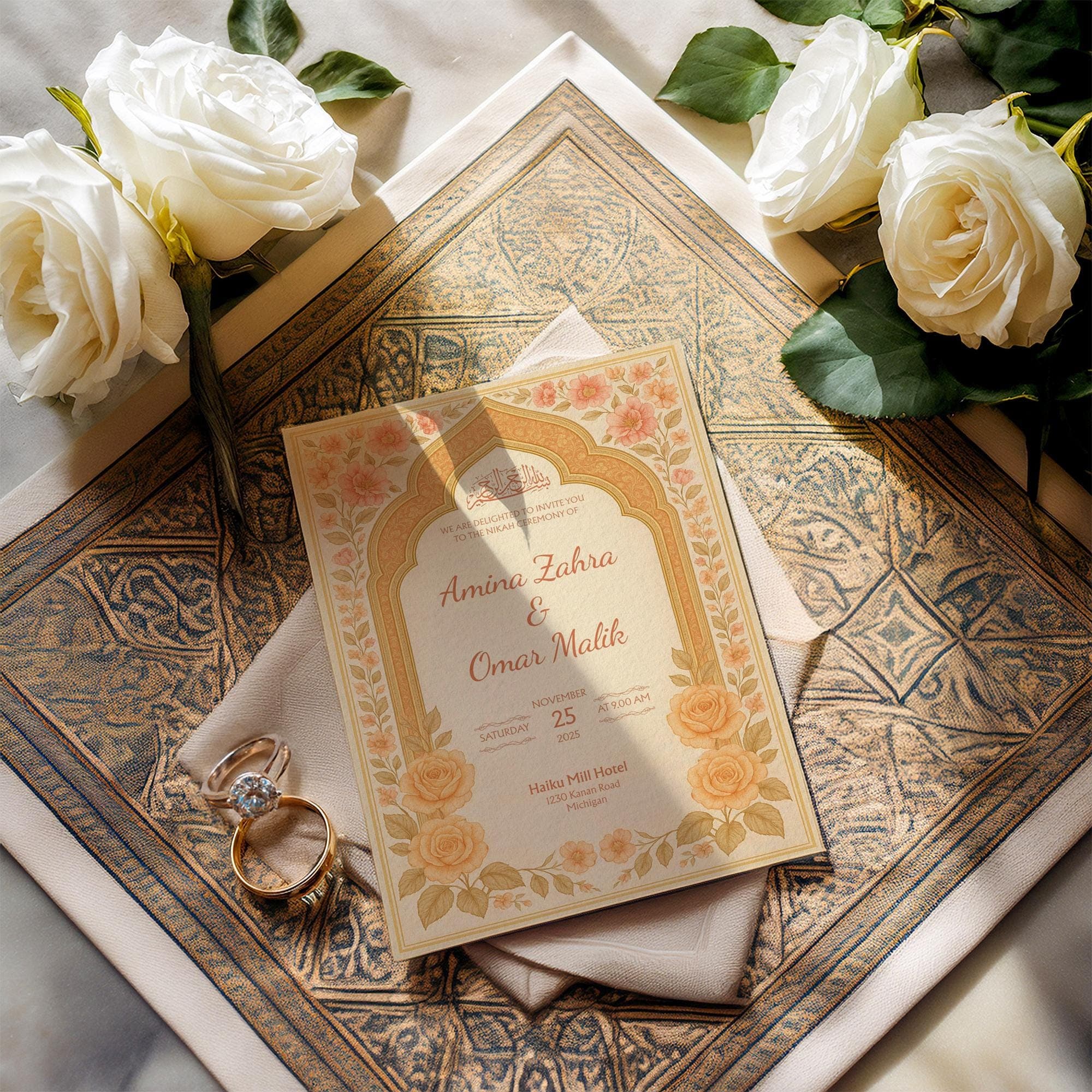 Customizable Islamic Canva Template | Printable Muslim Nikah Design with Golden Floral Details & Editable Arabic Calligraphy | WA06 - image 3