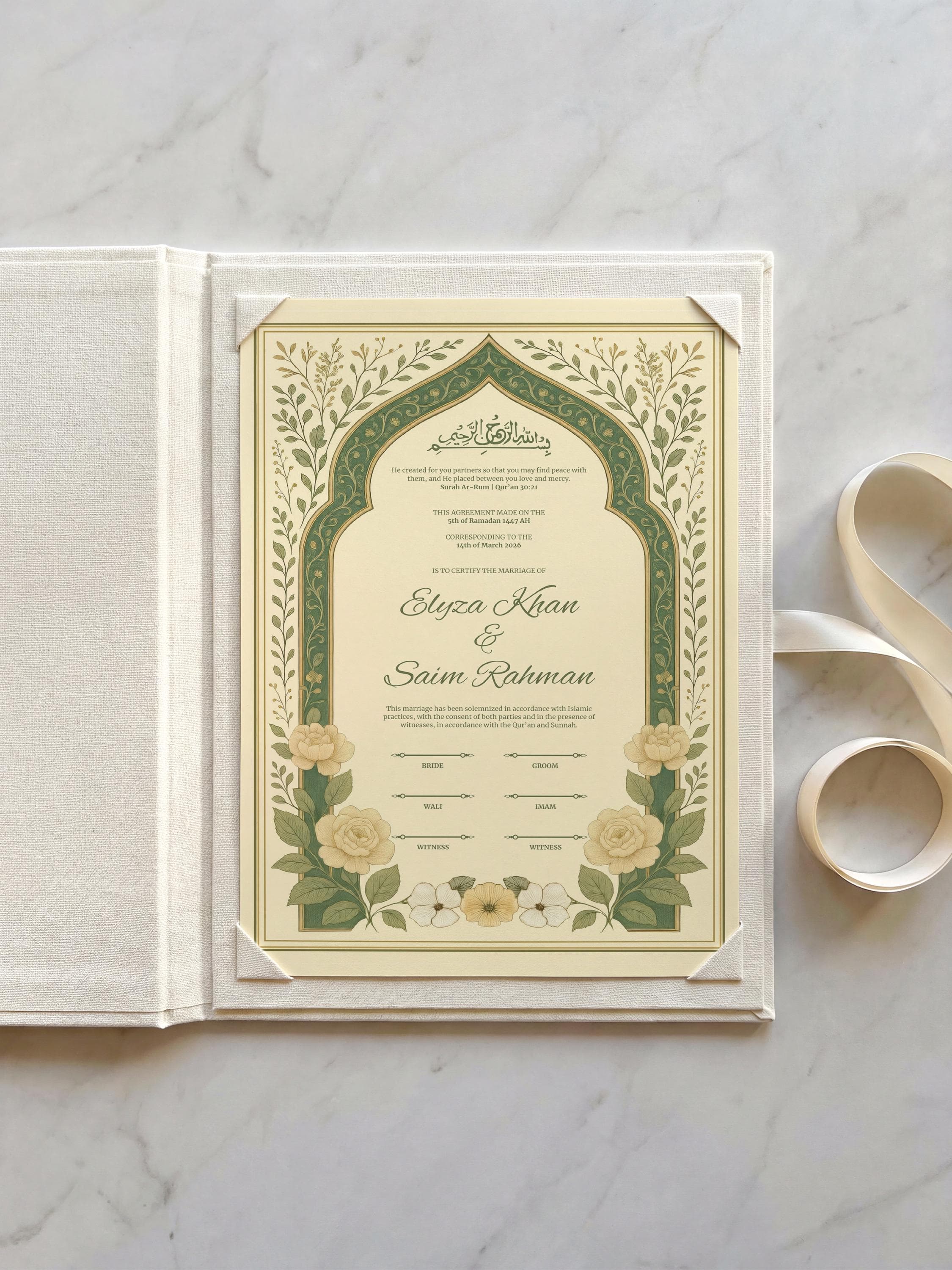Editable Green Floral Muslim Nikkah Certificate | Luxury Islamic Wedding Contract (Digital Download, Canva Template A3/A4)