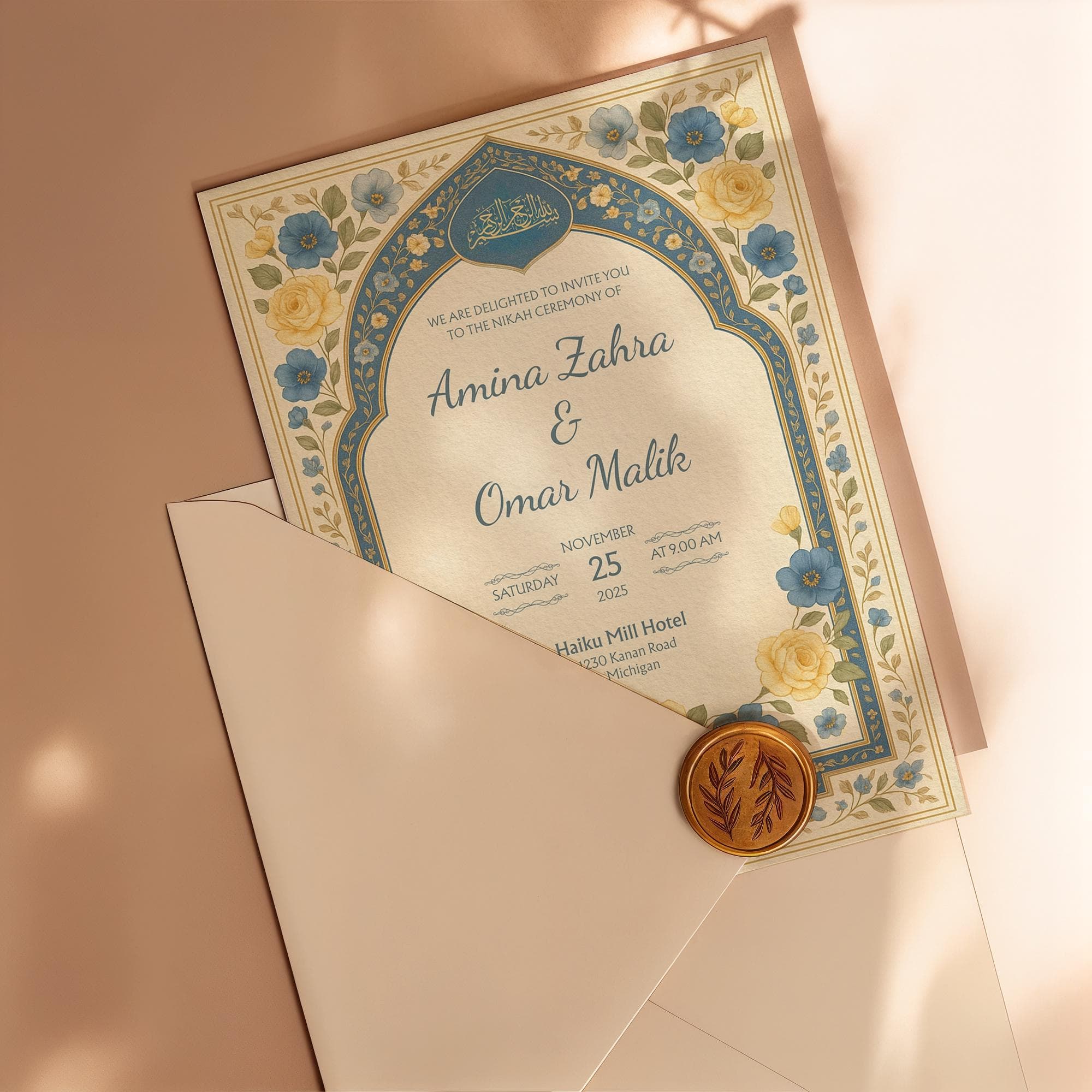Editable Floral Muslim Nikah Invitation Card | Blue and Yellow Islamic Canva Template with Arabic Details & Elegant Arch Design | WA09 - image 4