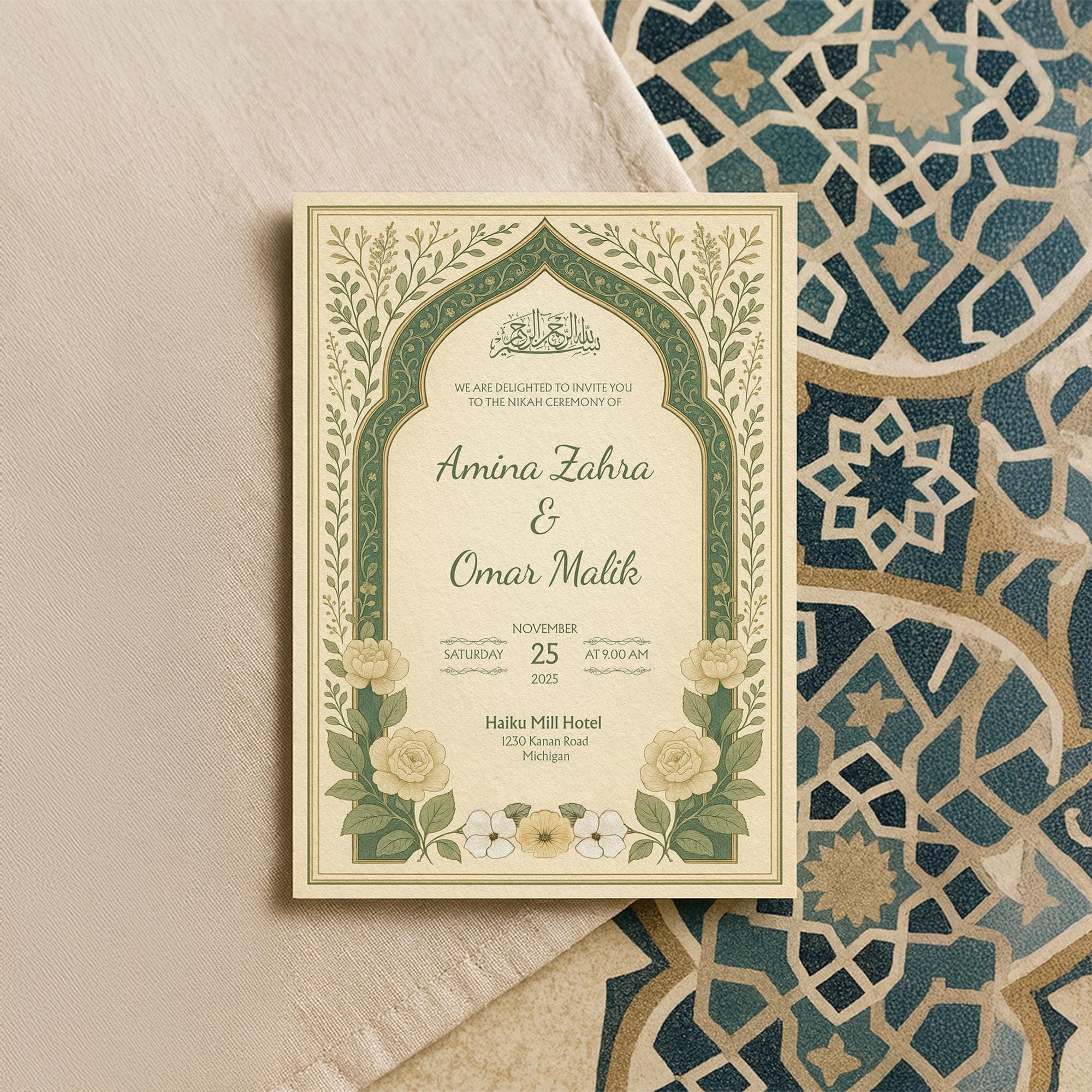 Editable Islamic Wedding Invitation Canva Template | Printable Beige Green Floral Nikah Card with Arabic Arch | Elegant Botanical | WA12