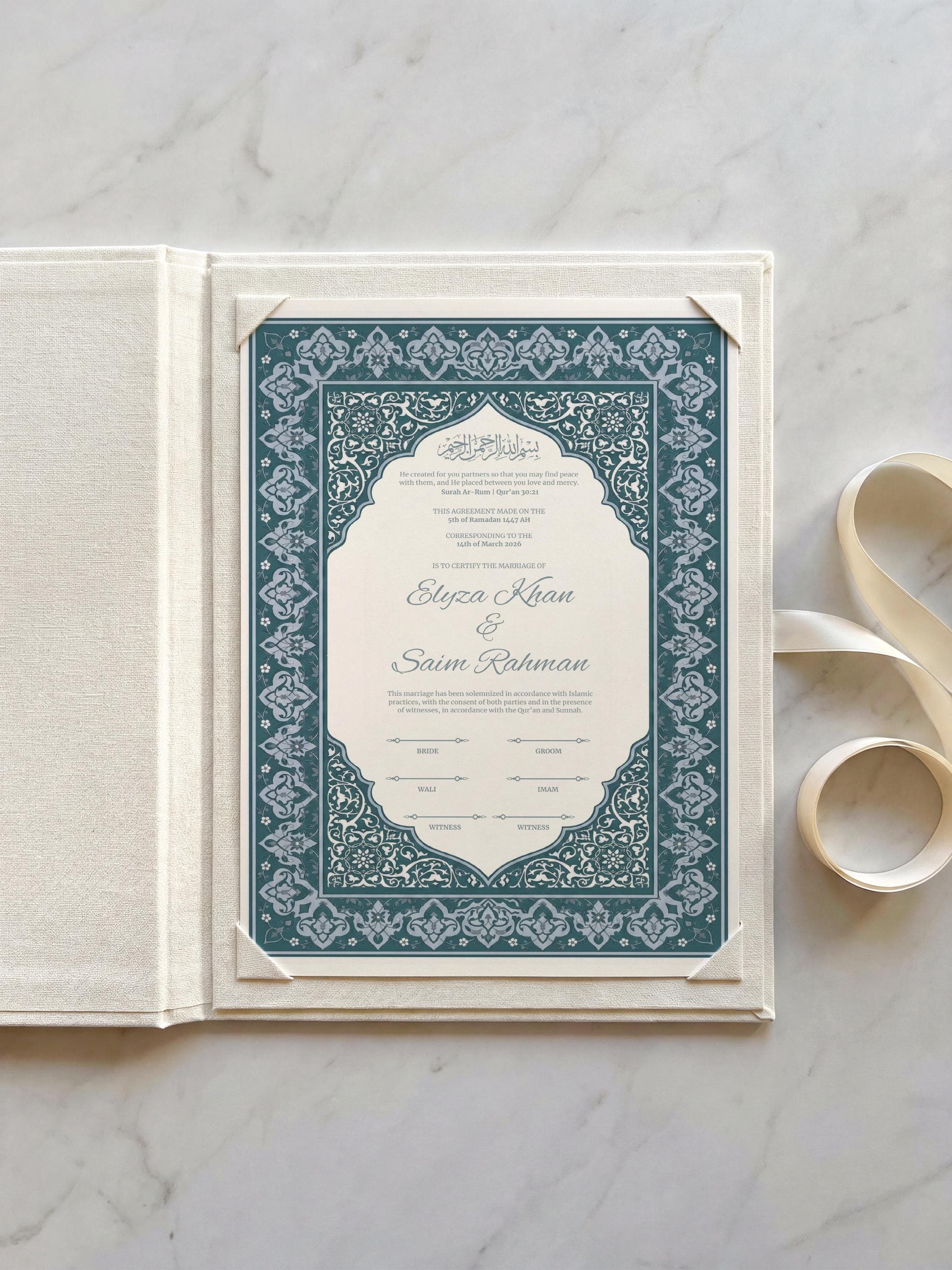 Teal Blue Islamic Nikkah Certificate: Ornate Arch Muslim Wedding Contract, Elegant Marriage Template