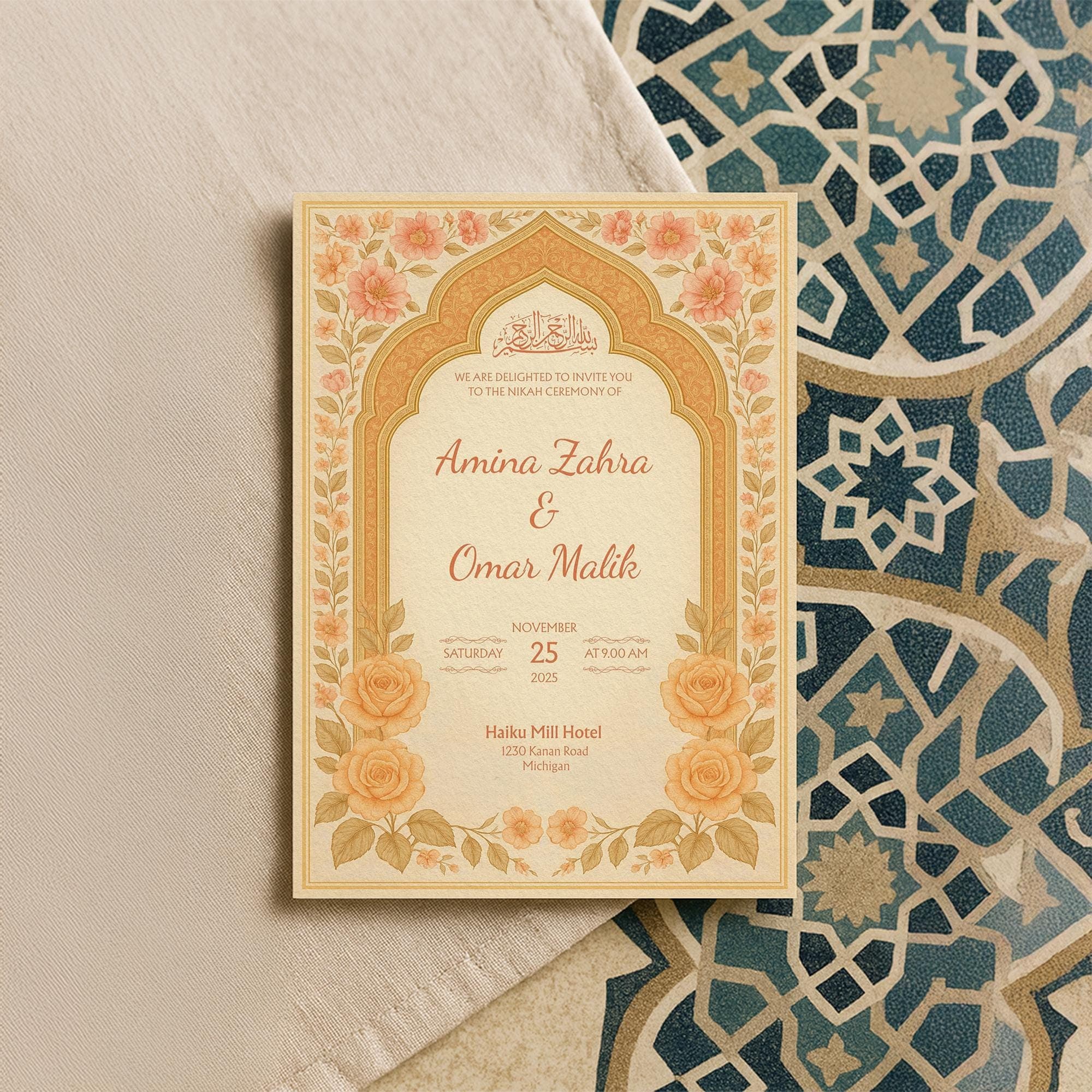 Customizable Islamic Canva Template | Printable Muslim Nikah Design with Golden Floral Details & Editable Arabic Calligraphy | WA06