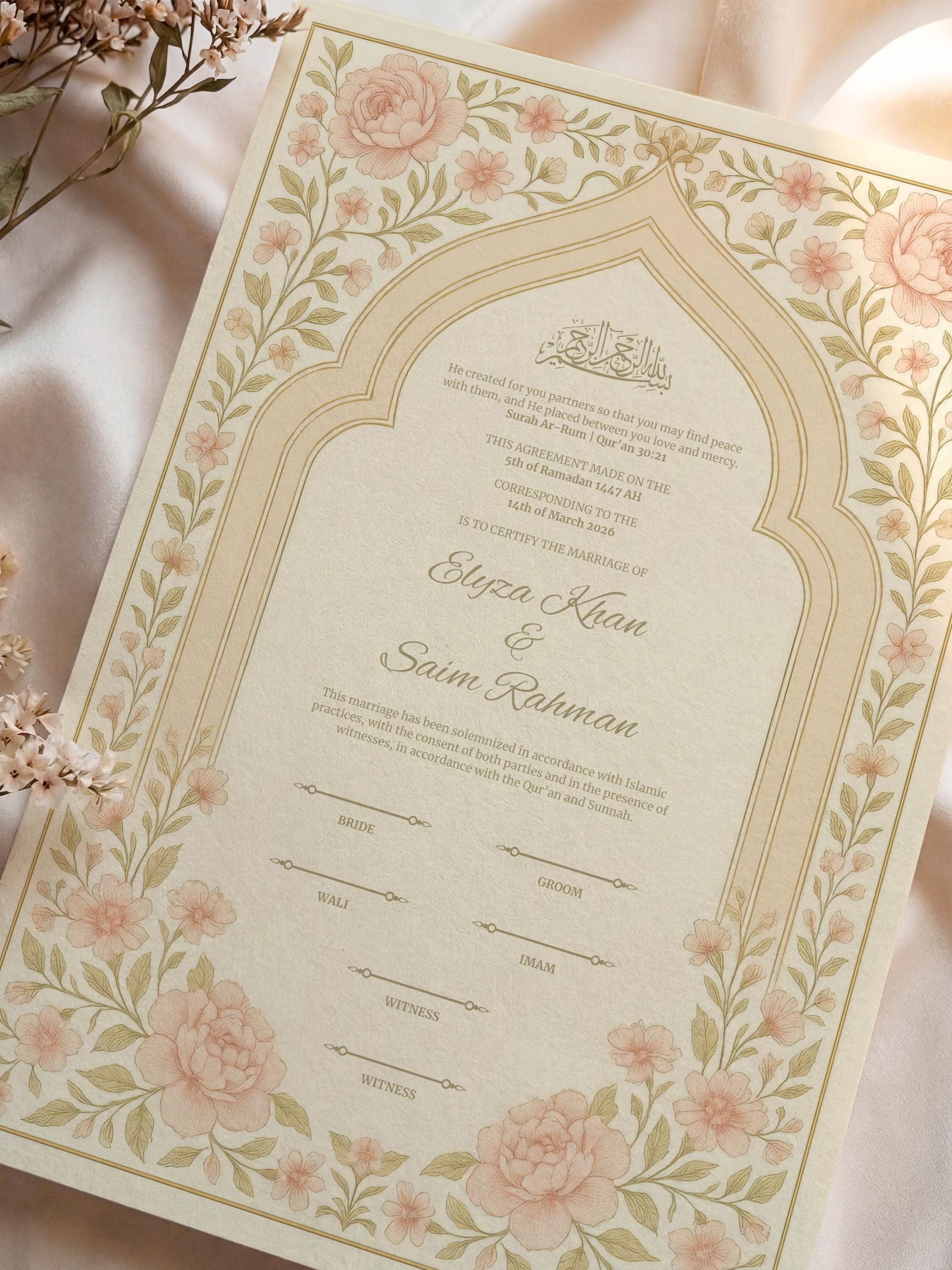 Editable Blush Floral Muslim Nikkah Certificate | Canva Printable Wedding Contract with Elegant Islamic Motif Design (A3-A4)