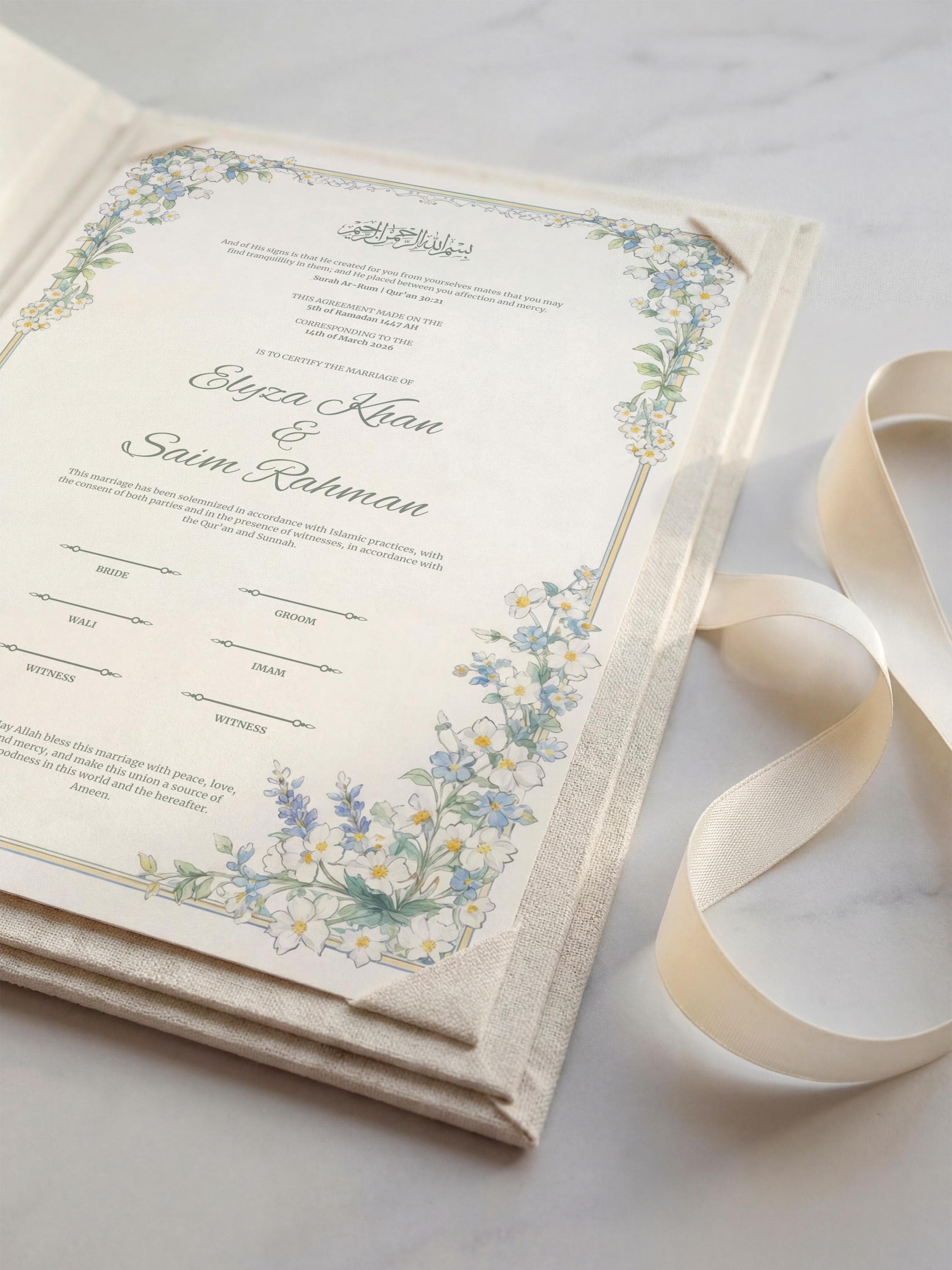 Daisy Floral Islamic Nikkah Certificate: Soft White & Blue Floral Muslim Wedding Contract, Marriage Template - image 4