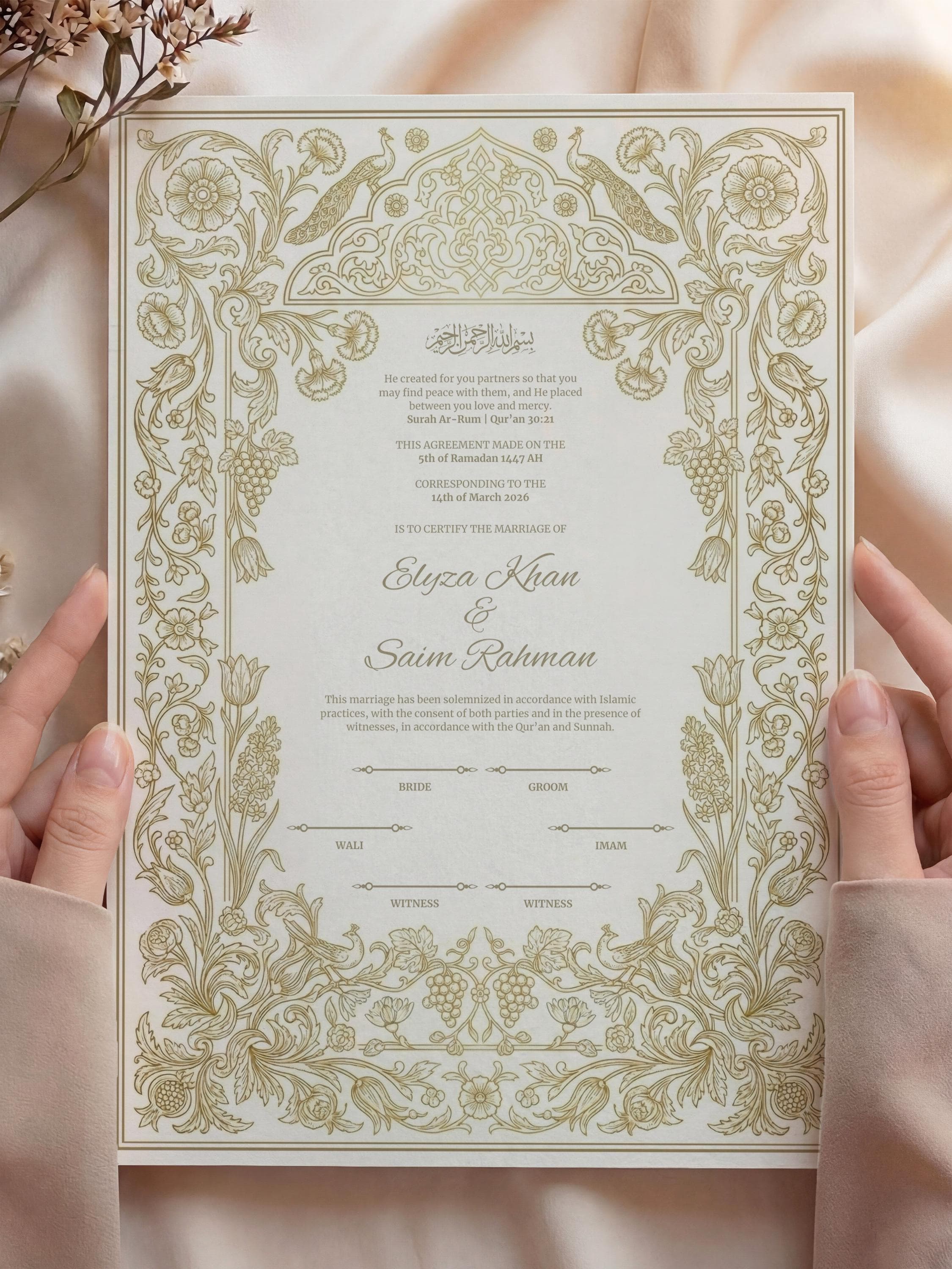 Luxury Muslim Wedding Contract: Floral Ornate Gold Islamic Nikkah Certificate - image 3