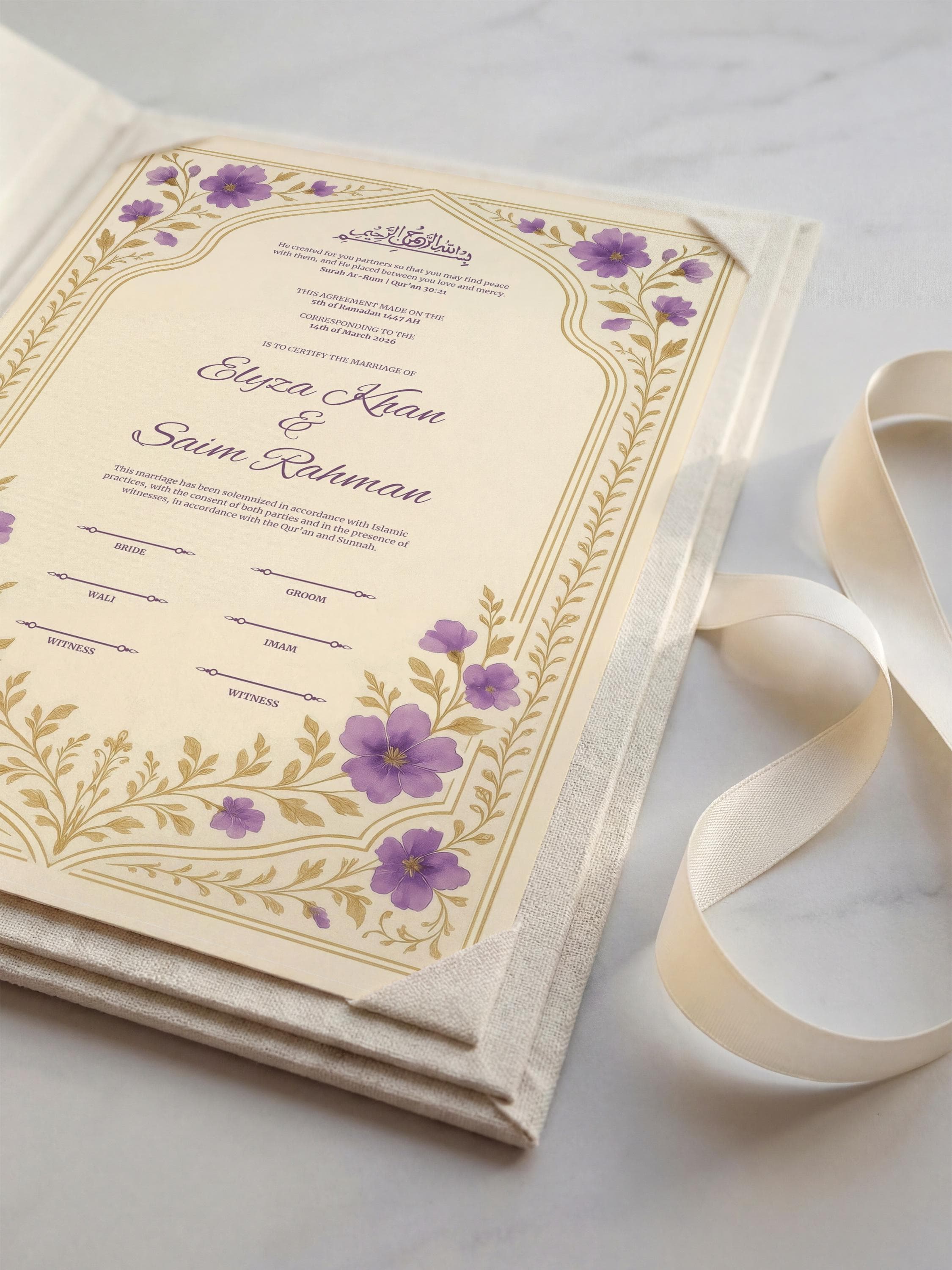 Editable Purple Floral Muslim Nikkah Certificate | Elegant Islamic Wedding Contract (Canva Template A3 & A4) - image 4
