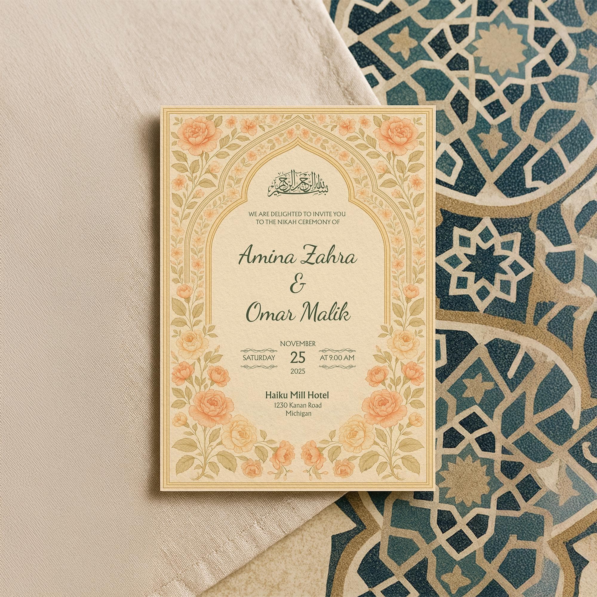 Editable Muslim Wedding Invitation Template | Bismillah Canva Design | Floral Nikah Invite | Islamic Calligraphy | Digital Download | WA01