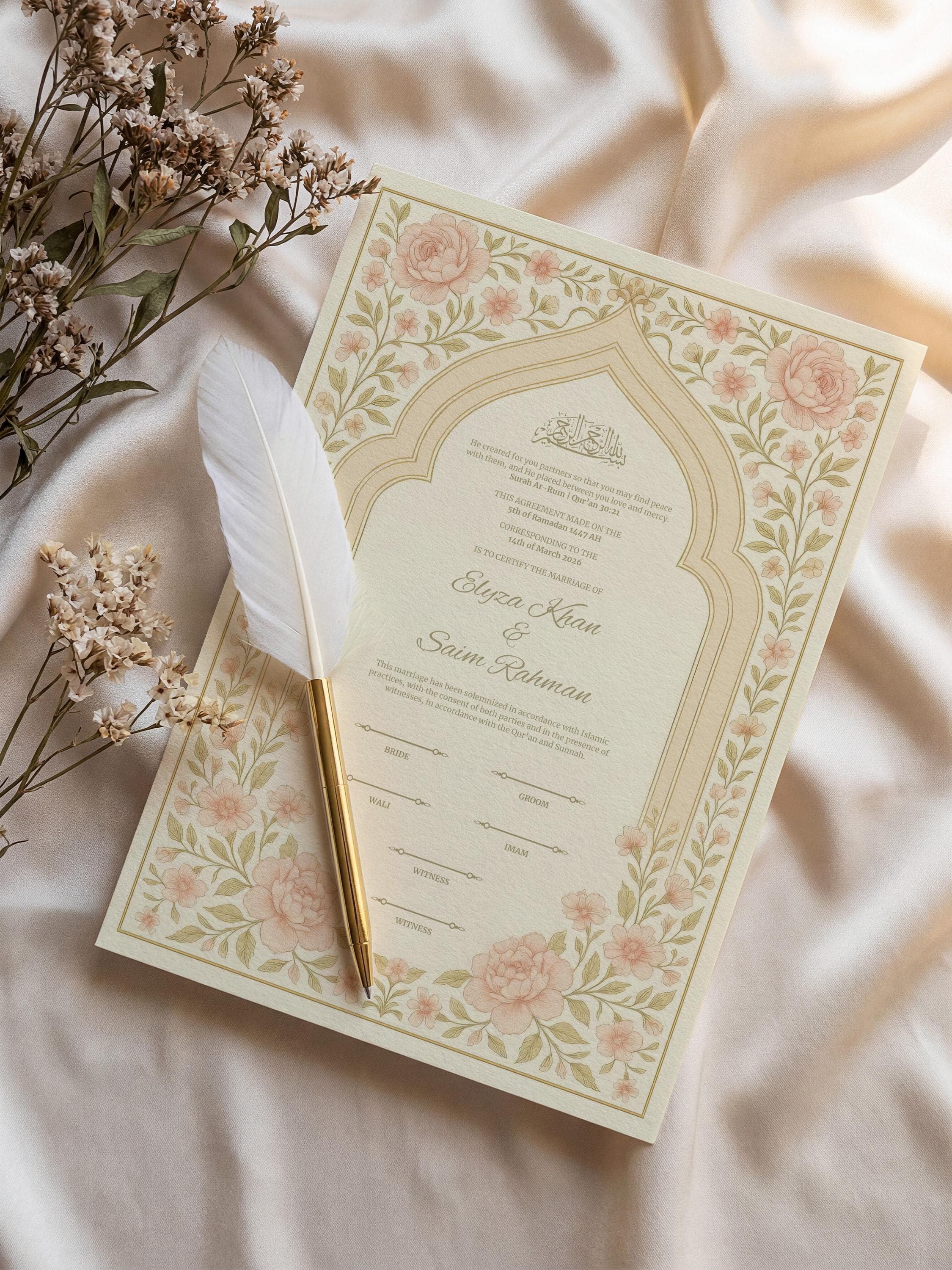Editable Blush Floral Muslim Nikkah Certificate | Canva Printable Wedding Contract with Elegant Islamic Motif Design (A3-A4) - image 4