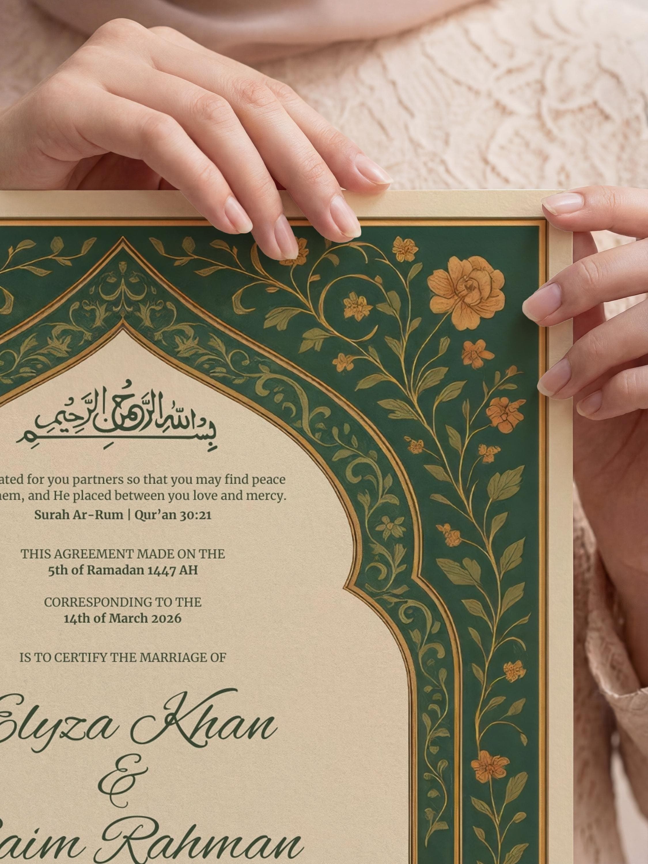 Editable Green Floral Muslim Nikkah Certificate | Luxury Islamic Wedding Contract (Digital Download, A3 & A4) - image 5
