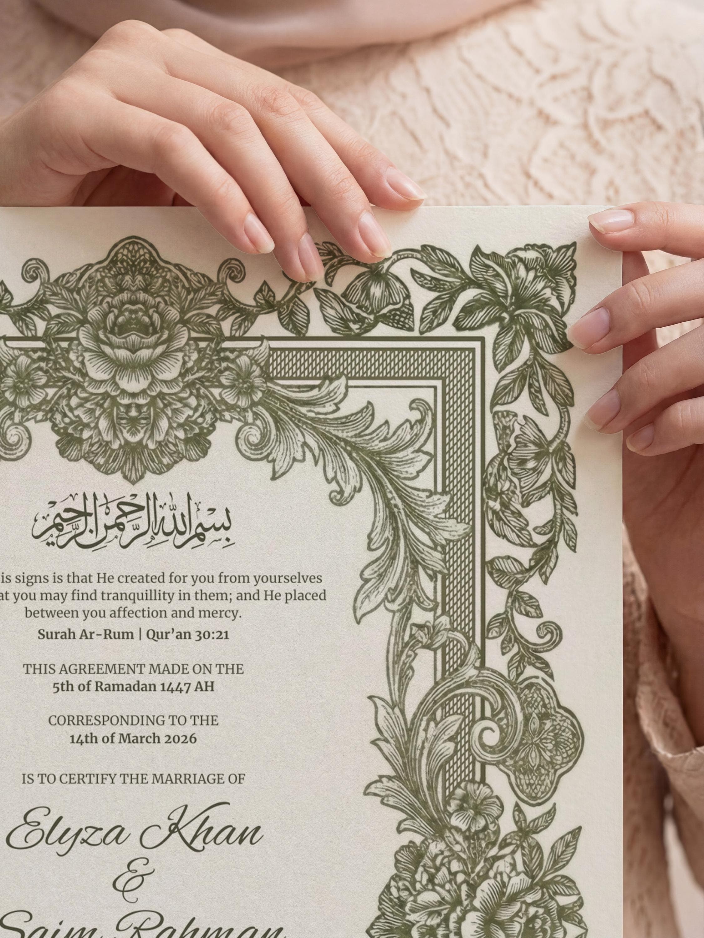 Muslim Wedding Contract: Botanical Vintage Green Floral Islamic Nikkah Certificate, Elegant Marriage Template - image 5