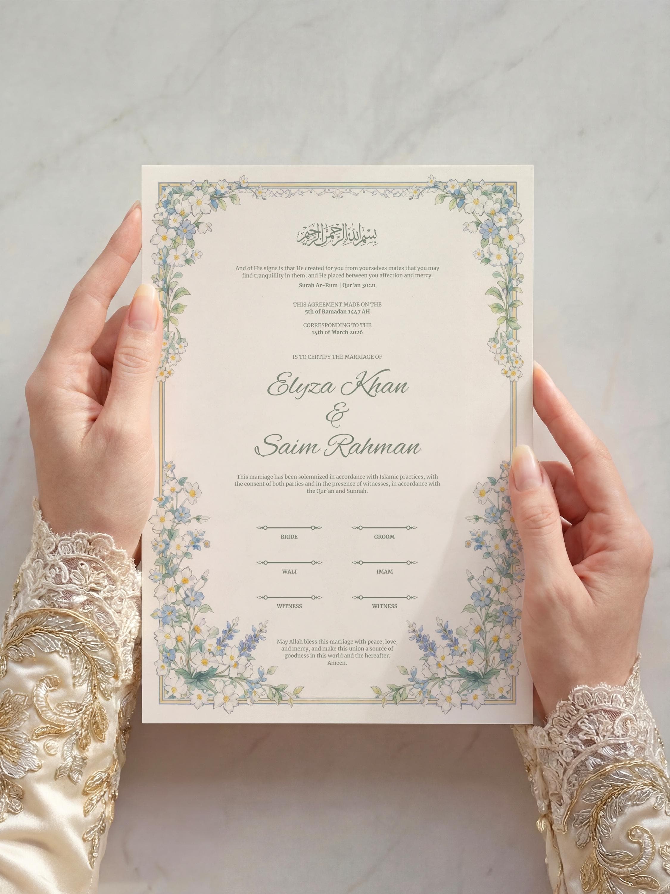 Daisy Floral Islamic Nikkah Certificate: Soft White & Blue Floral Muslim Wedding Contract, Marriage Template - image 5