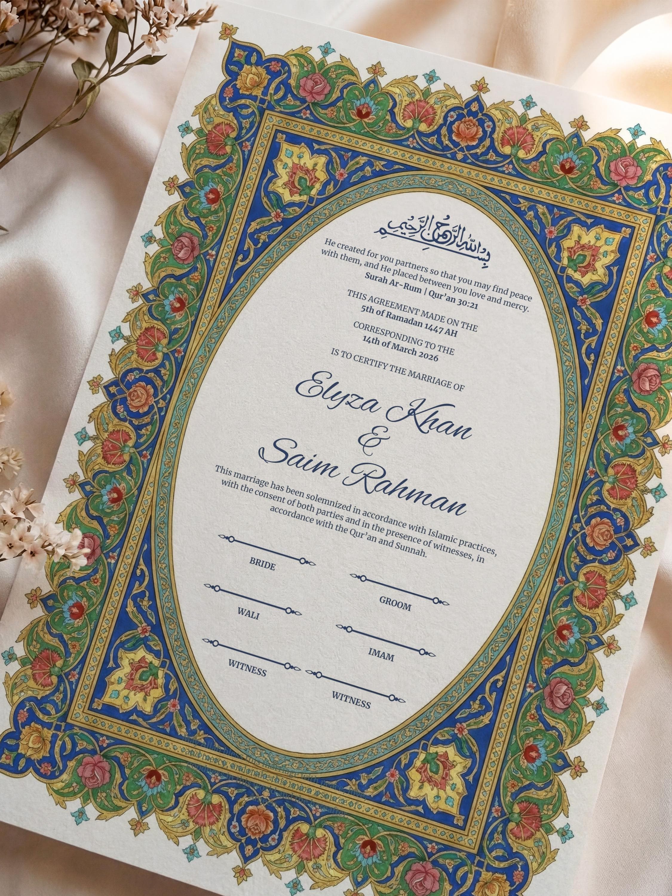 Editable Islamic Nikkah Certificate: Luxury Ottoman Style Vintage Floral Muslim Wedding Contract A3 & A4