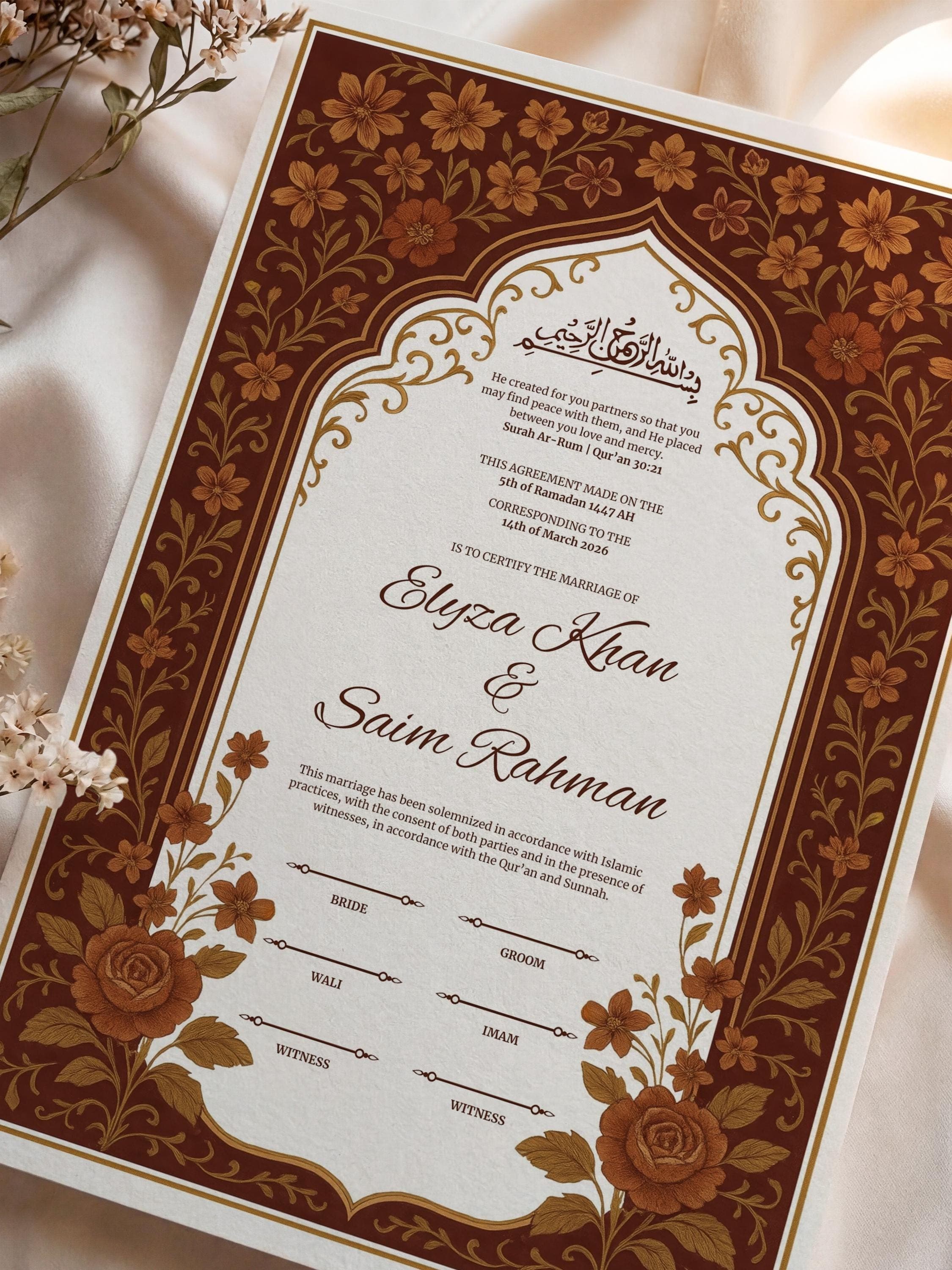 Editable Vintage Floral Muslim Nikkah Certificate | Luxury Islamic Wedding Contract