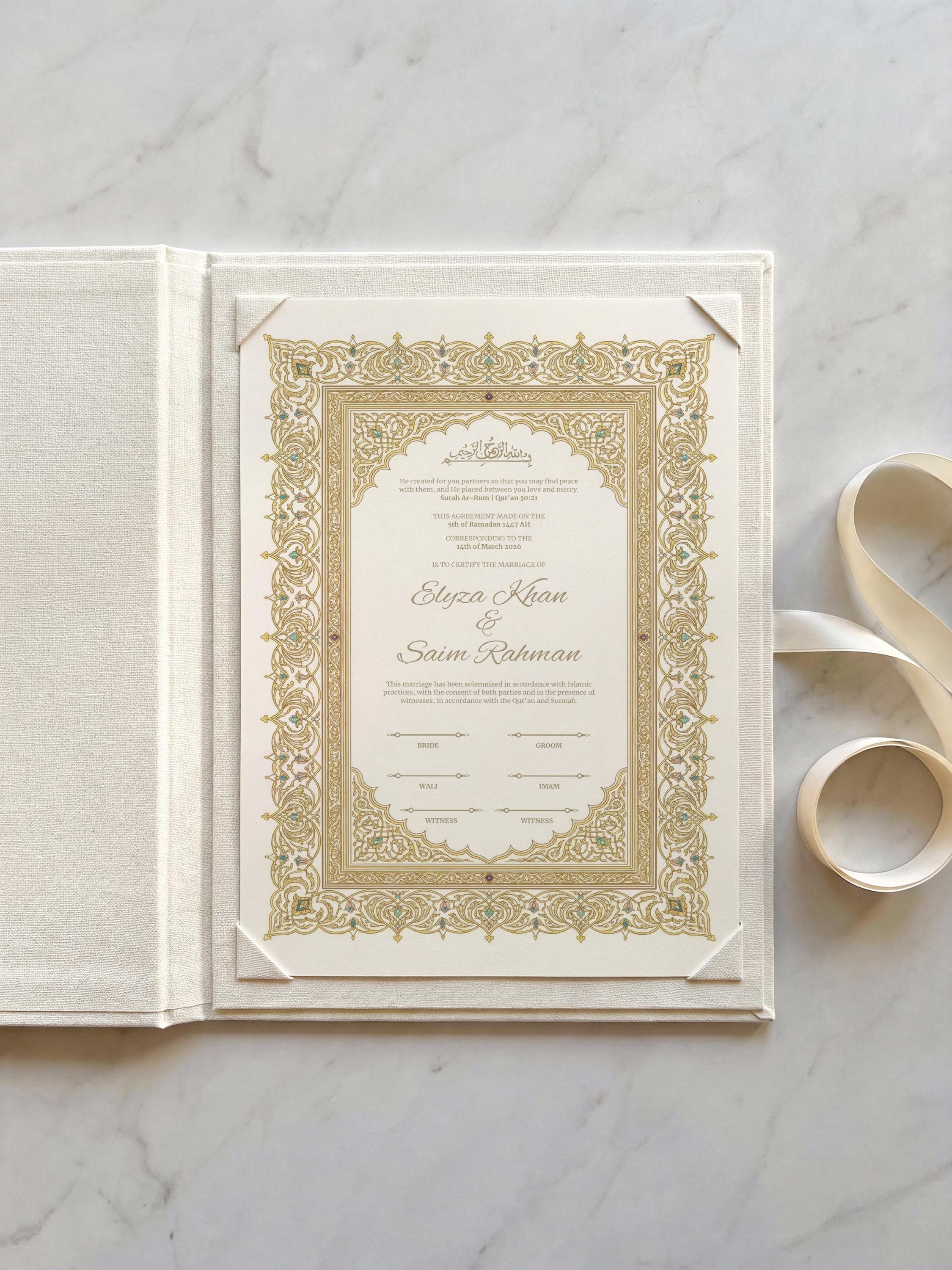 Editable Islamic Nikkah Certificate: Gold Ornate Muslim Wedding Contract, Canva Template A3 & A4
