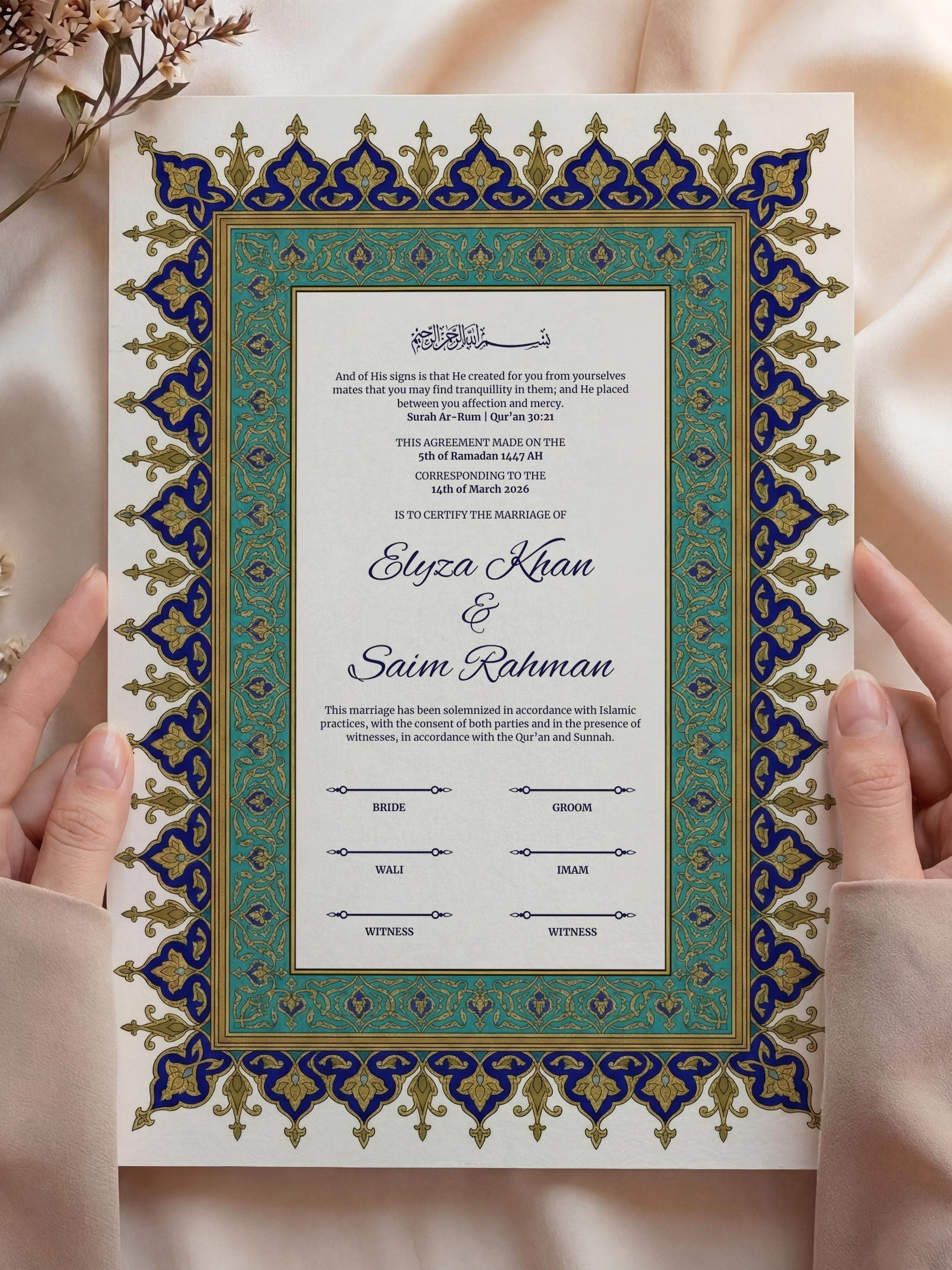 Blue Ottoman Islamic Nikkah Certificate: Editable Muslim Wedding Contract (A3 & A4 Canva Template) - image 3