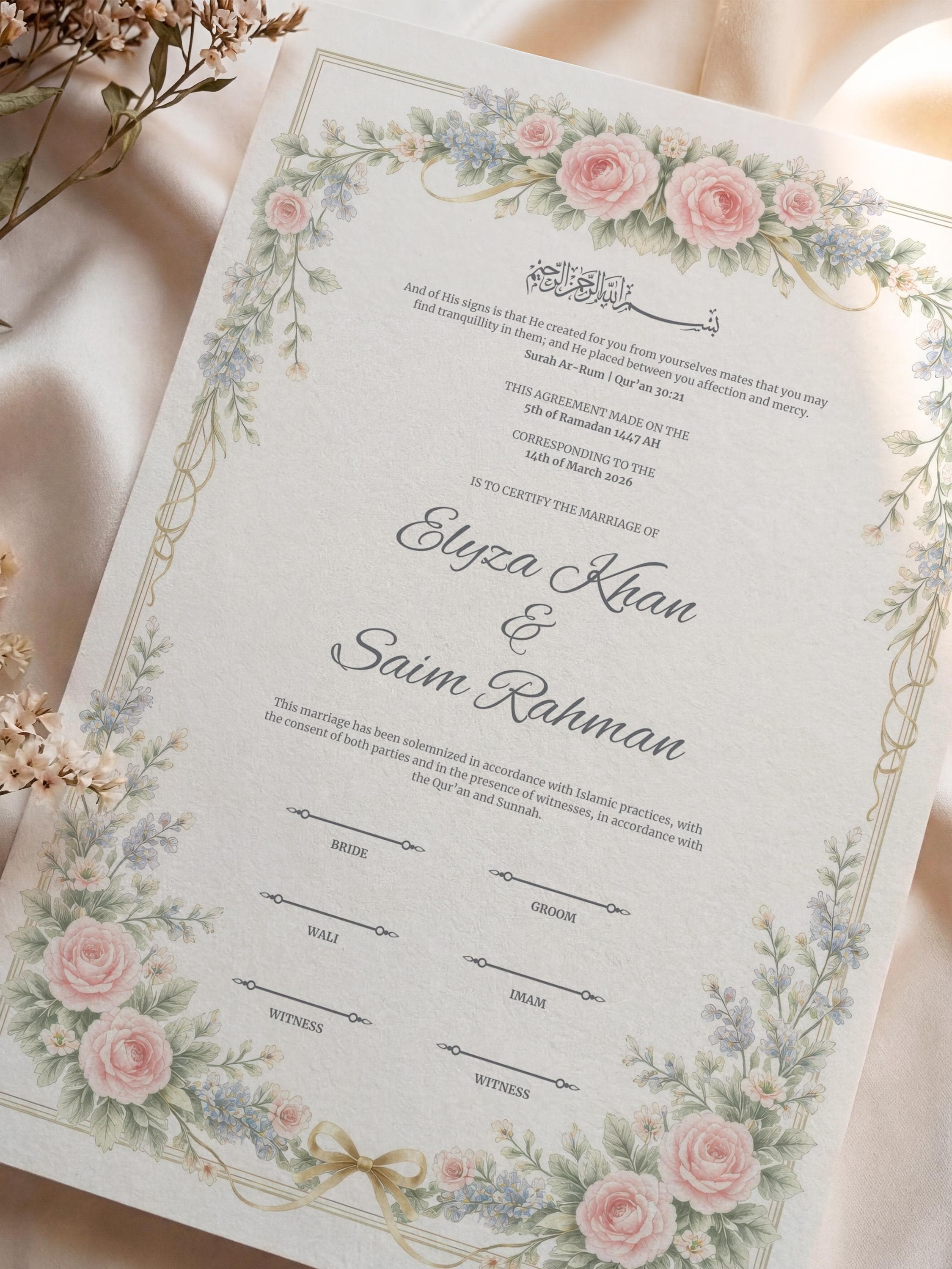 Floral Islamic Nikah Certificate: Soft Pastel Rose Muslim Wedding ContractTemplate, Personalized Marriage Contract - image 3