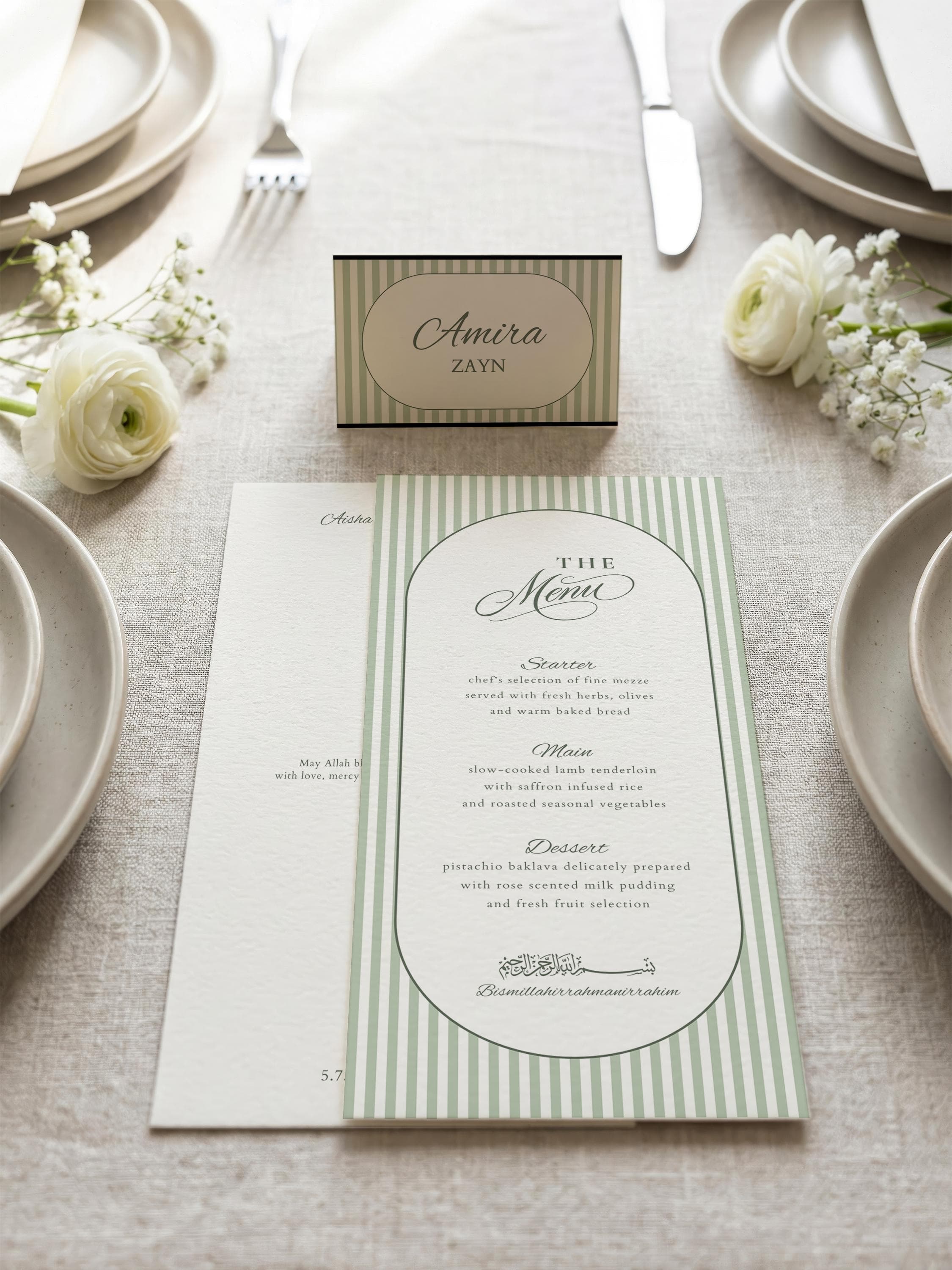 Islamic Wedding Menu & Place Card Template: Elegant Green Striped Arch Muslim Nikkah Reception Set
