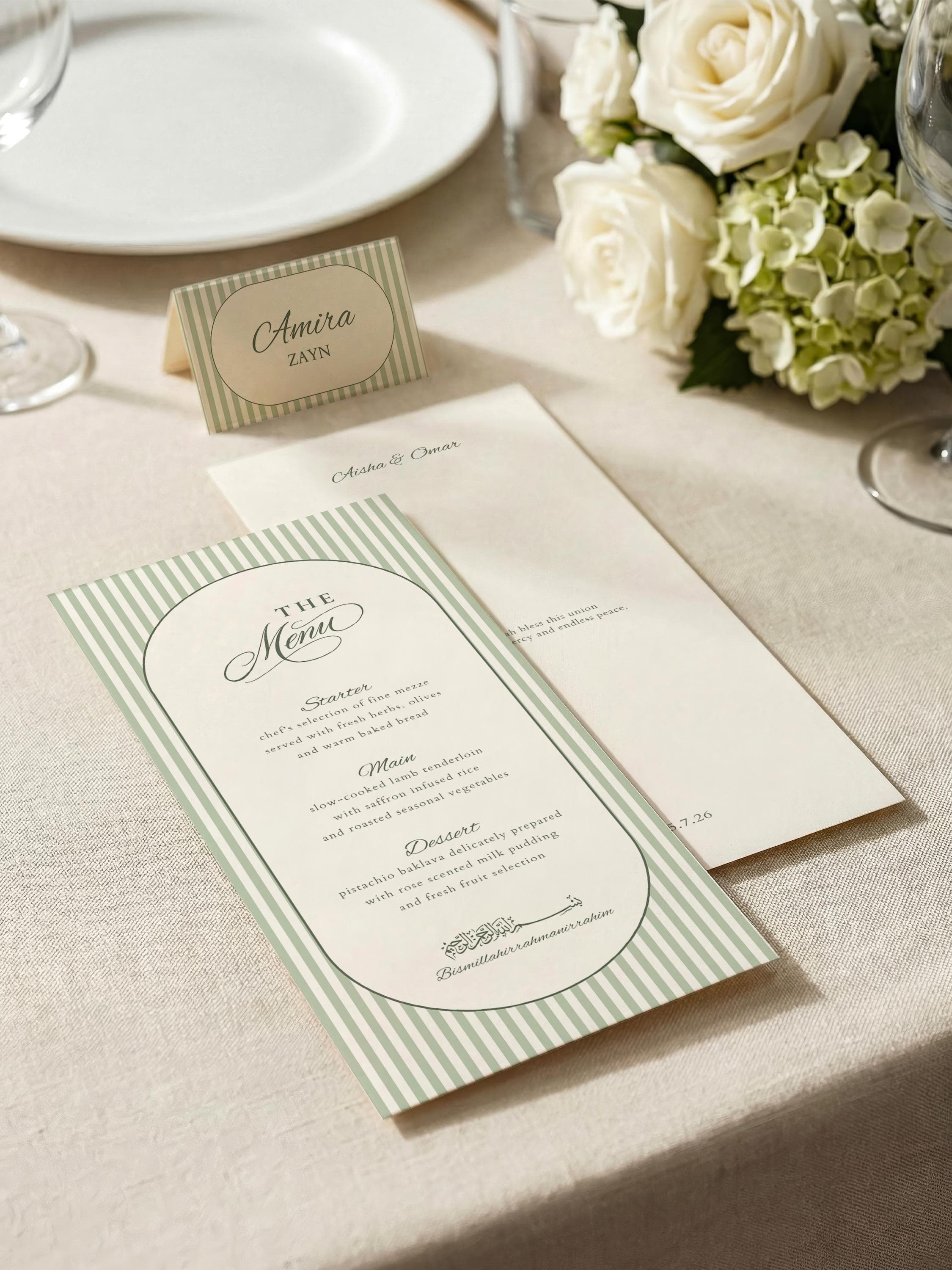 Islamic Wedding Menu & Place Card Template: Elegant Green Striped Arch Muslim Nikkah Reception Set - image 5