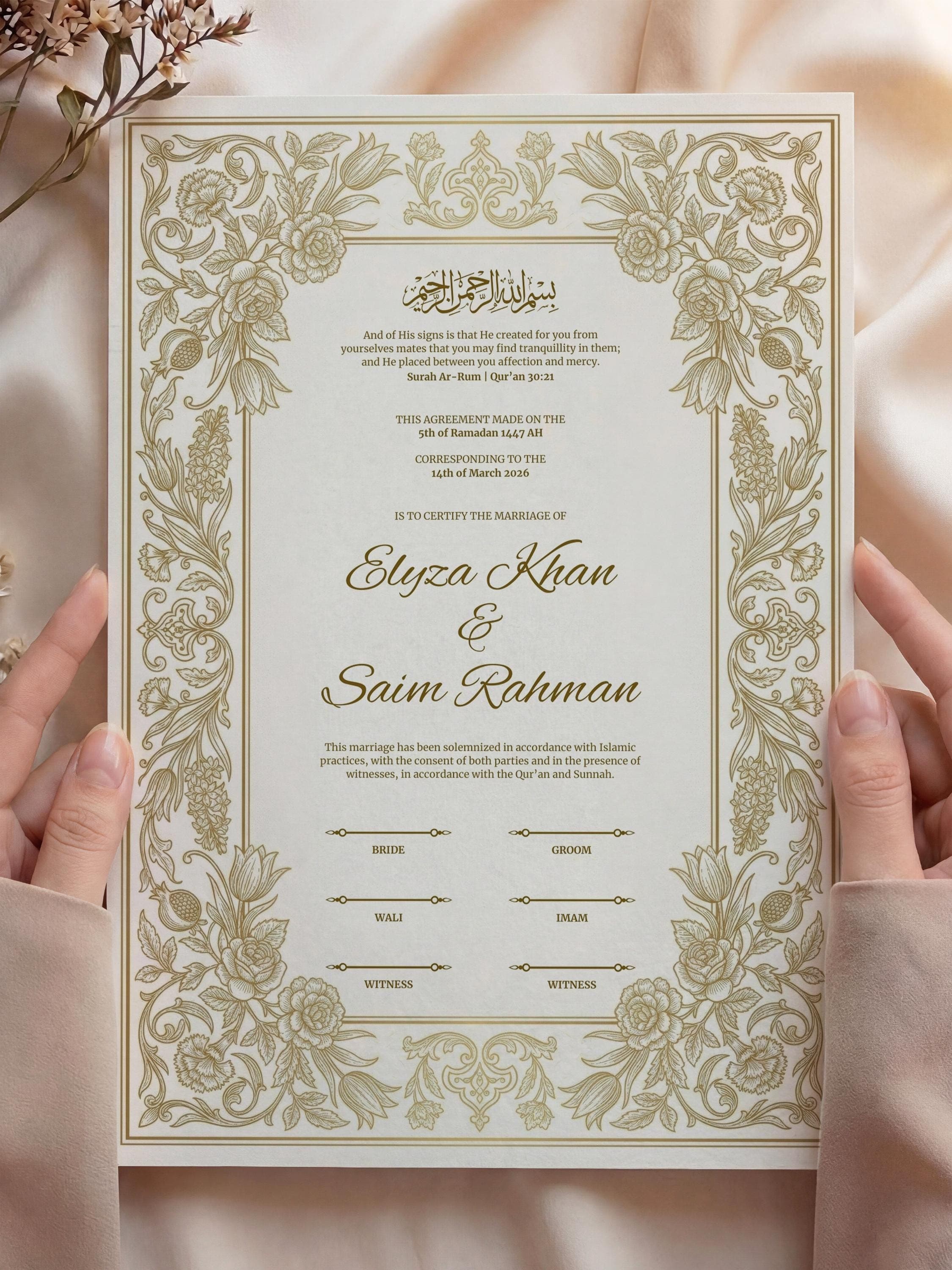 Gold Floral Islamic Nikkah Certificate: Elegant Editable Muslim Wedding Contract, Marriage Canva Template A3-A4 - image 3