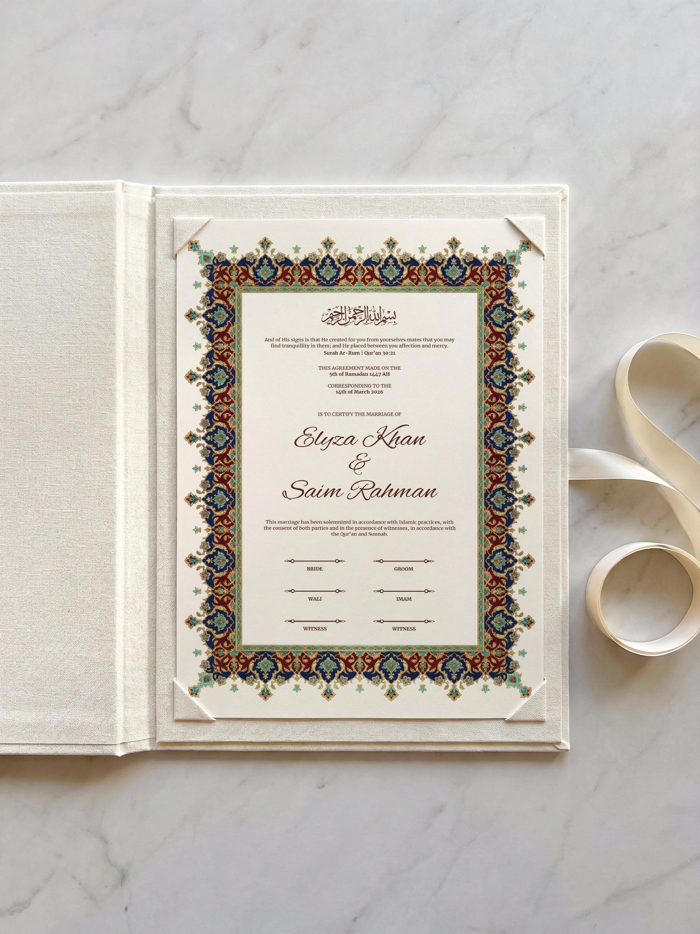 Editable Islamic Nikkah Certificate: Luxury Ottoman Style Red Blue Muslim Wedding Contract, Canva Template A3 & A4