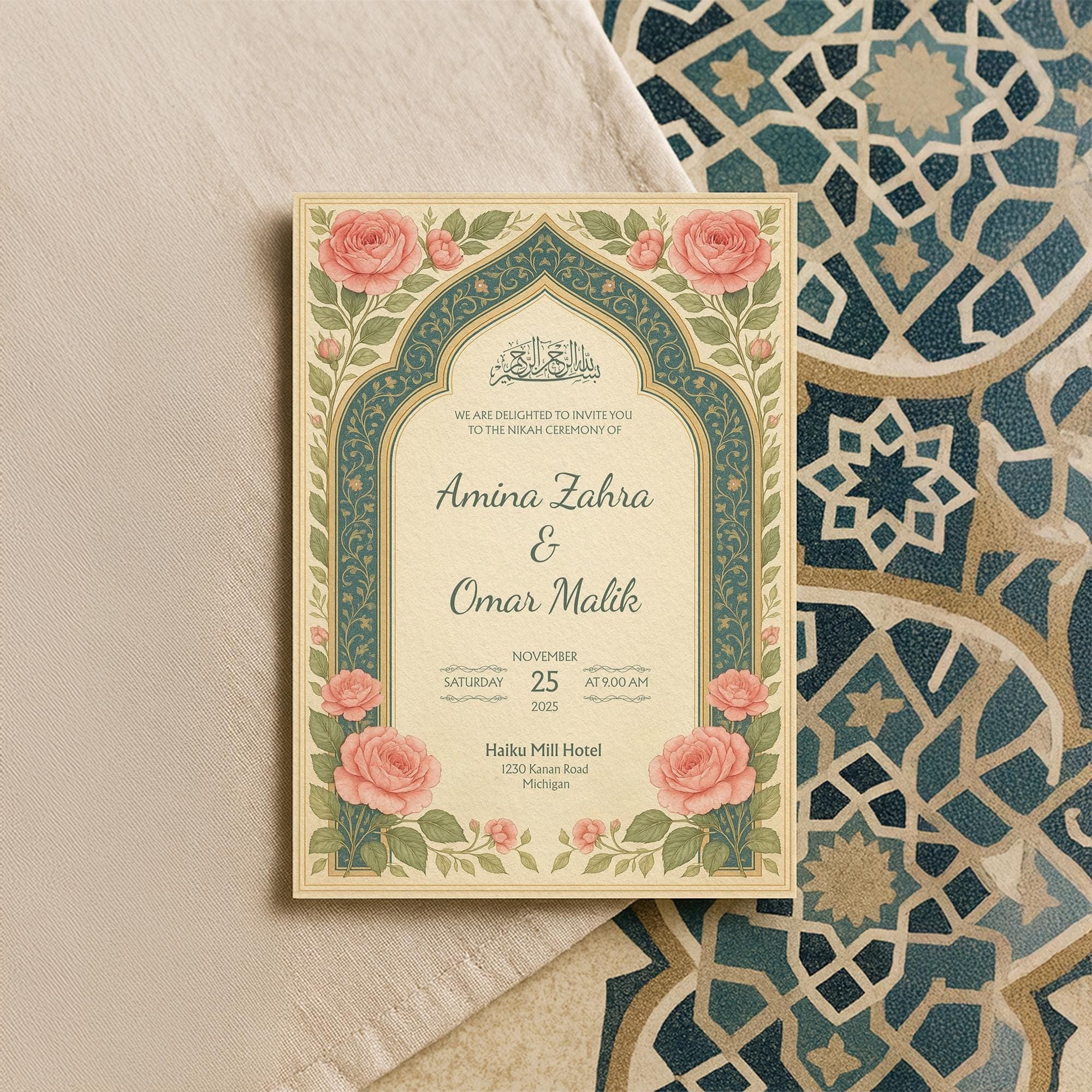 Editable Digital Nikah Invitation Card | Islamic Arch Template with Pink Rose Floral Design and Elegant Arabic Calligraphy | WA10