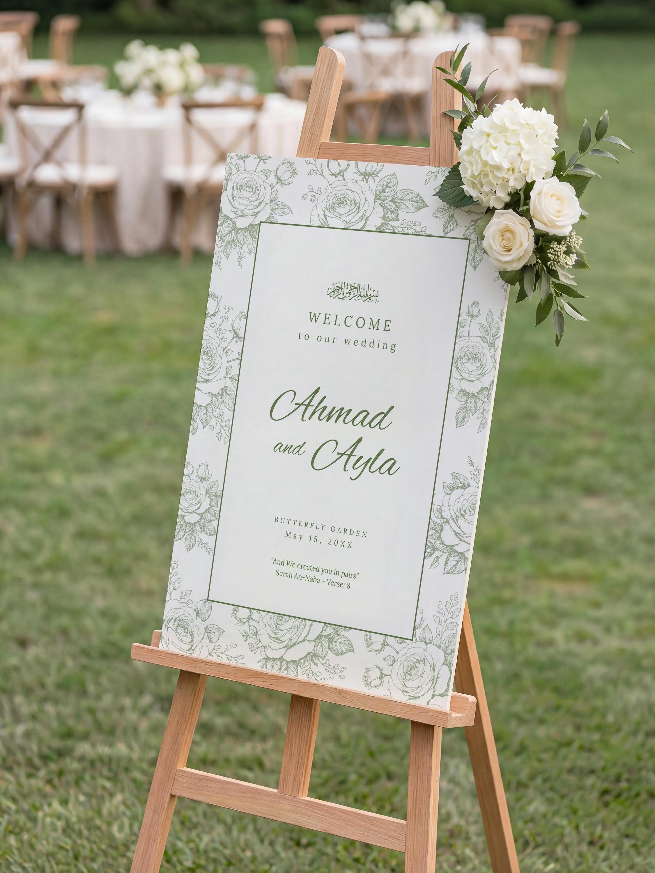 Islamic Wedding Welcome Sign Template: Sage Green Floral Nikkah Reception Poster, Garden Ceremony Decor - image 5