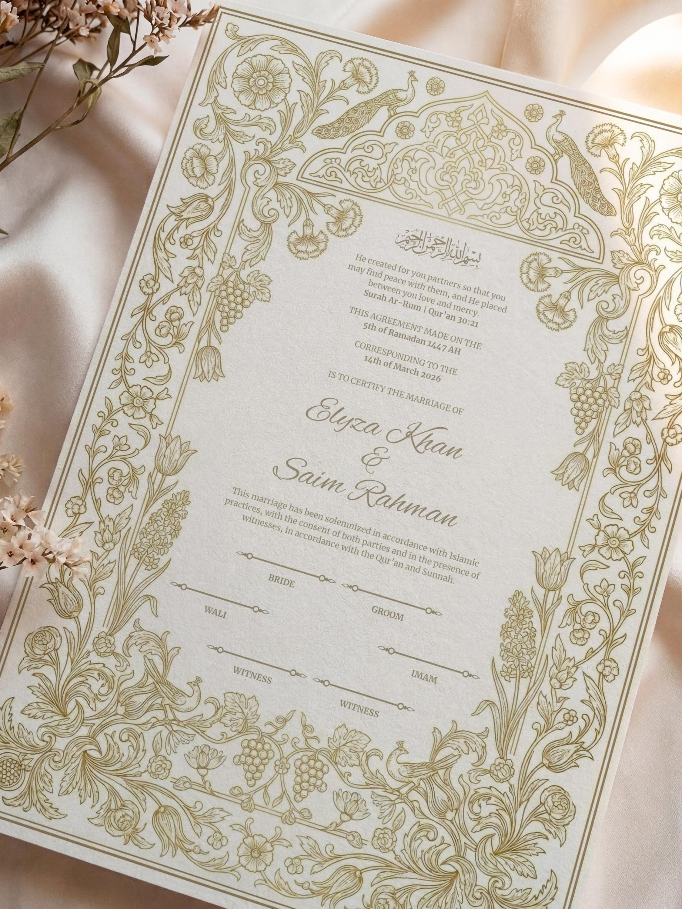 Luxury Muslim Wedding Contract: Floral Ornate Gold Islamic Nikkah Certificate