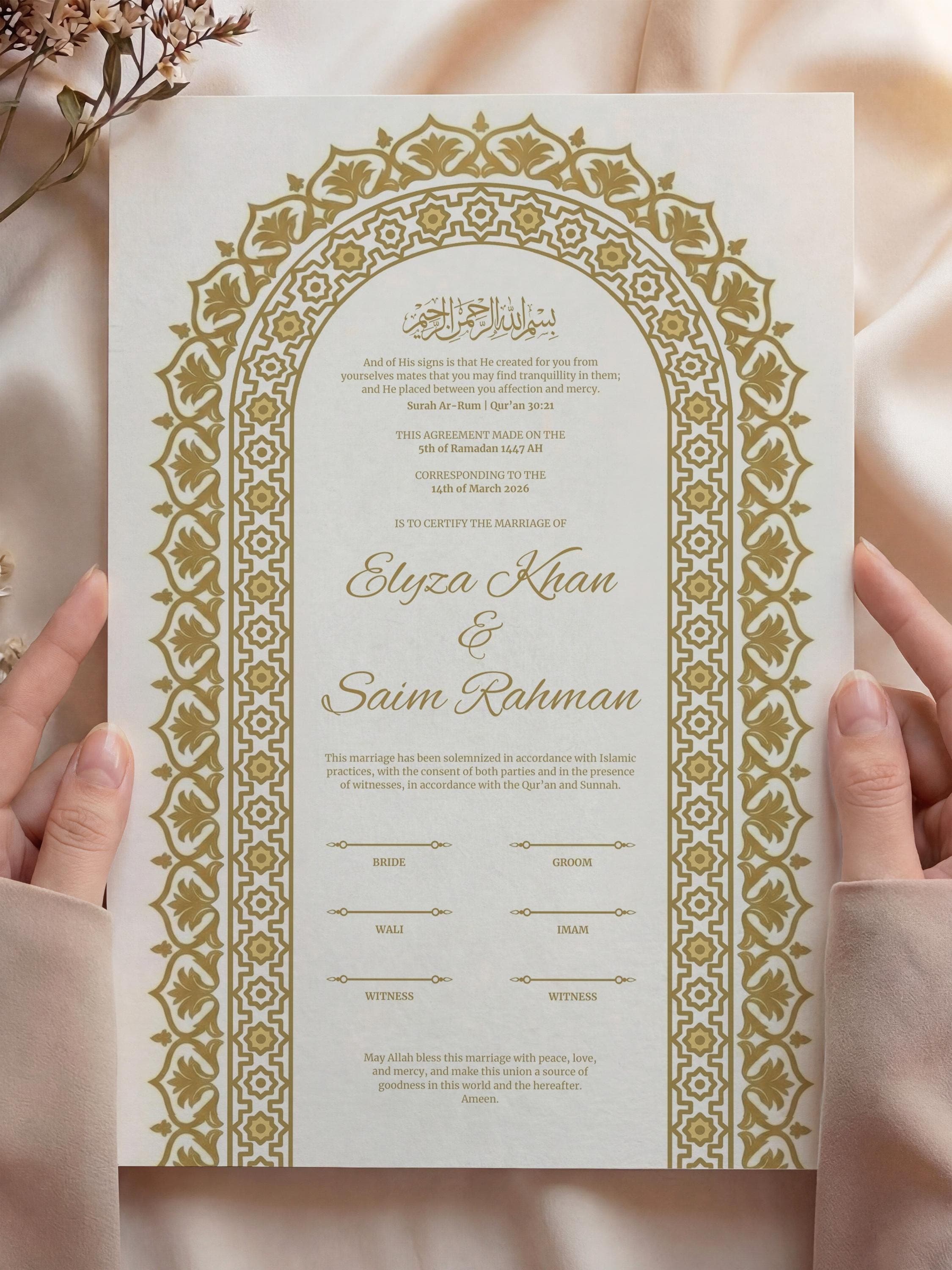 Gold Arch Islamic Nikkah Certificate: Trendy Muslim Wedding Contract, Luxury Personalized Marriage Template - image 3