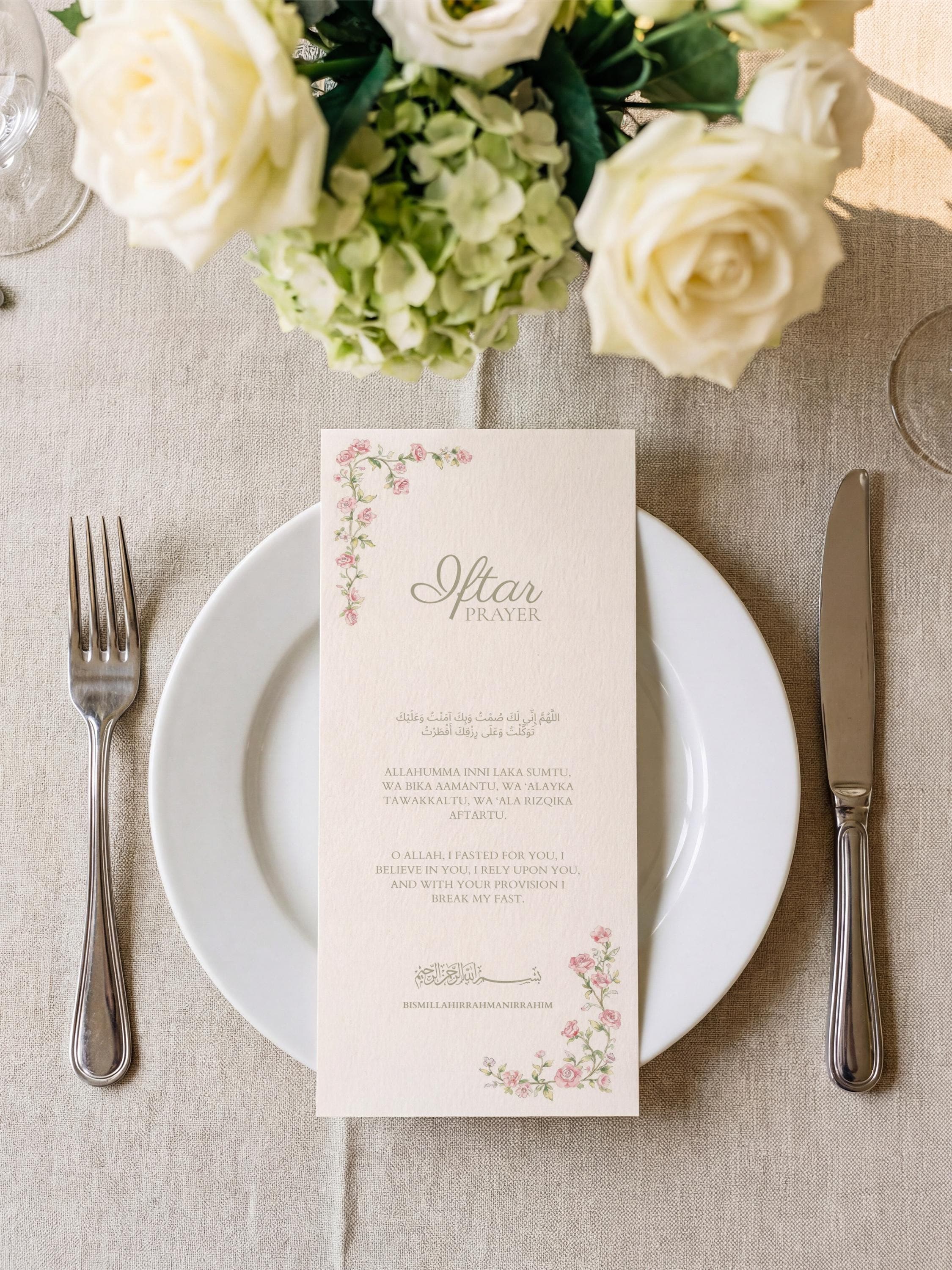 Ramadan Iftar Prayer Card | Floral Dua Table Canva Printable Template | Table Setting Eid Decor