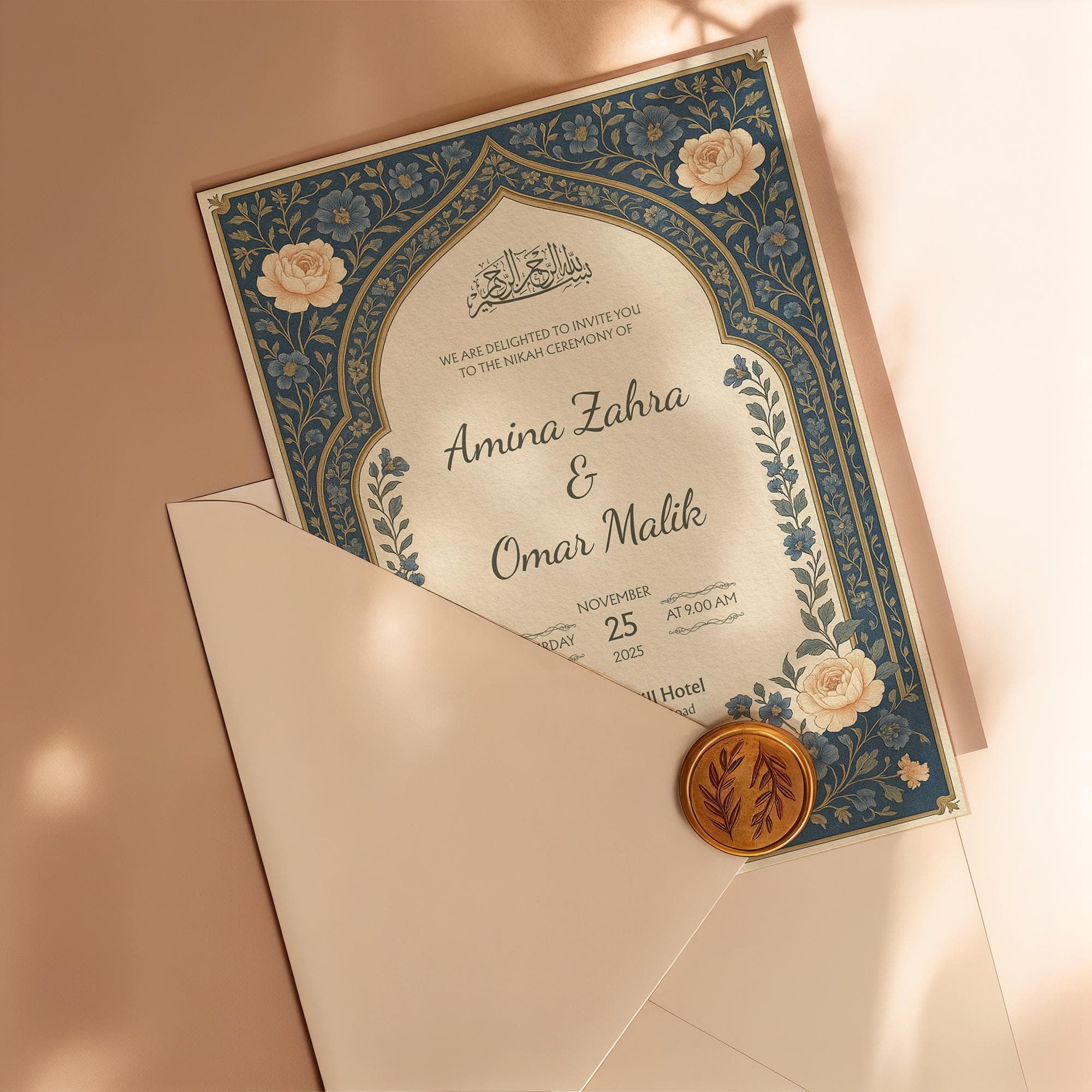 Customizable Muslim Wedding Invitation Template | Blue Islamic Nikah Card with Bismillah Calligraphy | Floral Digital Canva Design | WA03 - image 4