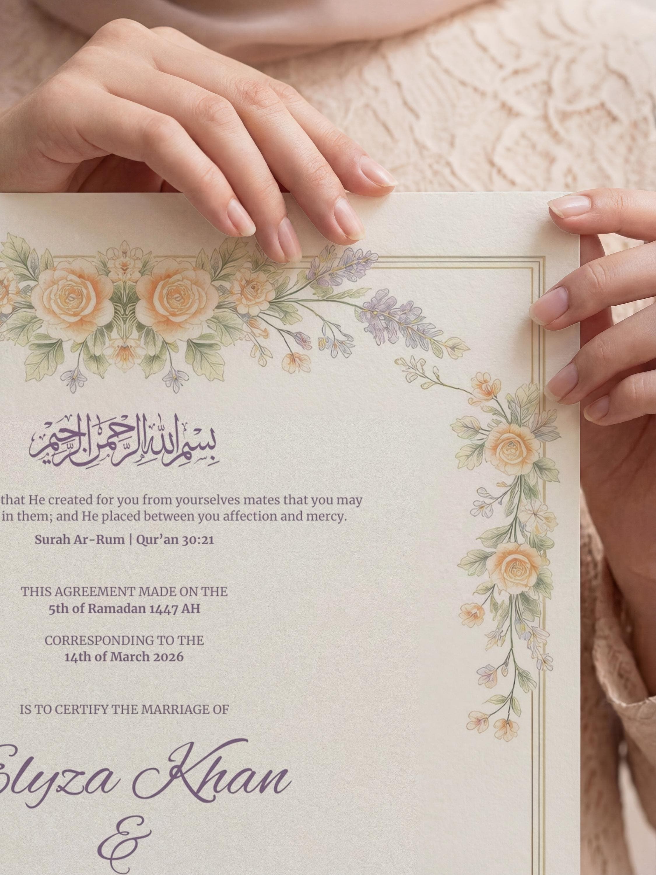 Pastel Floral Islamic Nikkah Certificate: Soft Lavender Rose Muslim Wedding Contract, Romantic Marriage Template - image 5