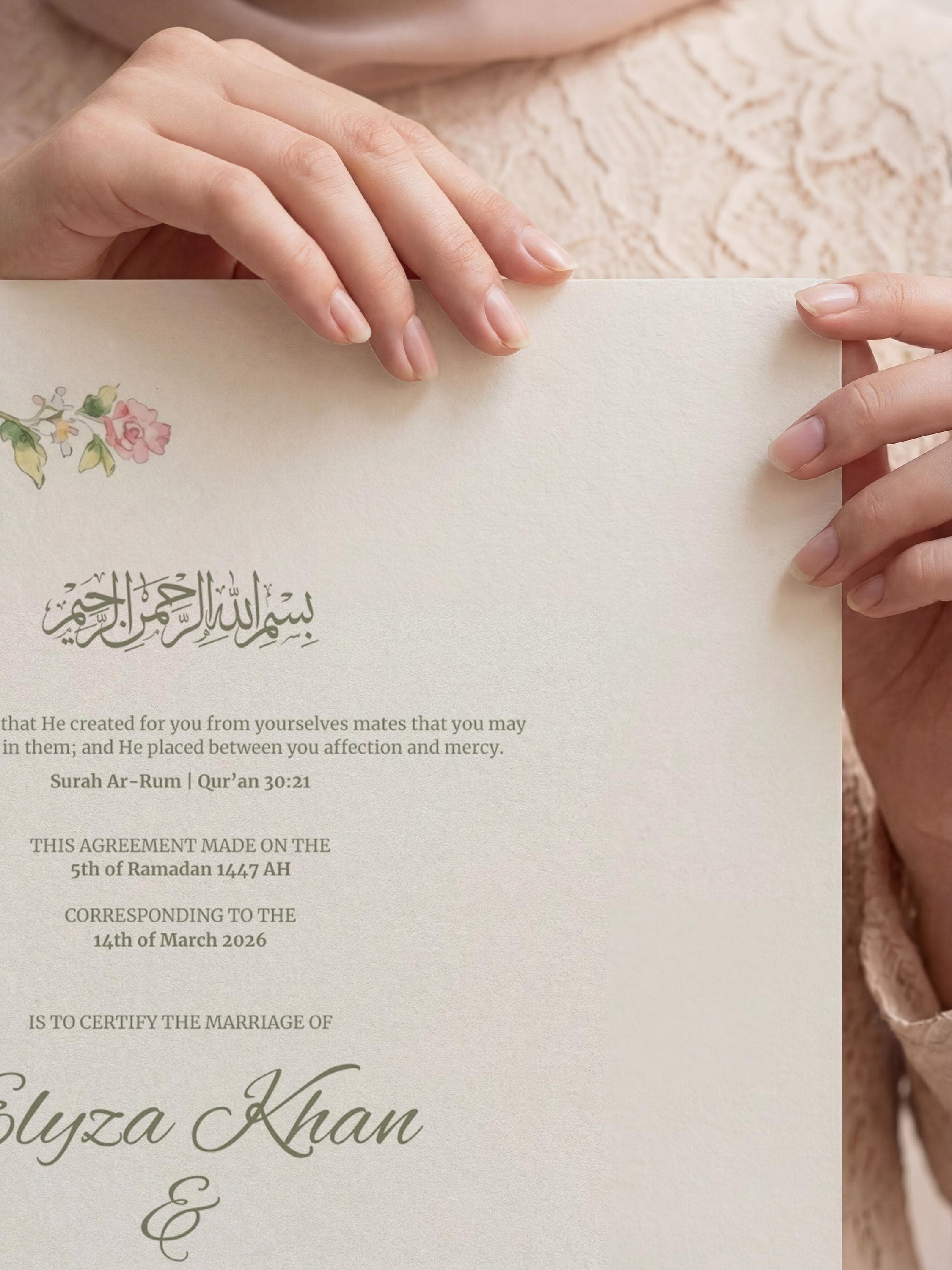 Pink Floral Islamic Nikkah Certificate: Editable Muslim Wedding Contract (A3 & A4 Canva Template) - image 5