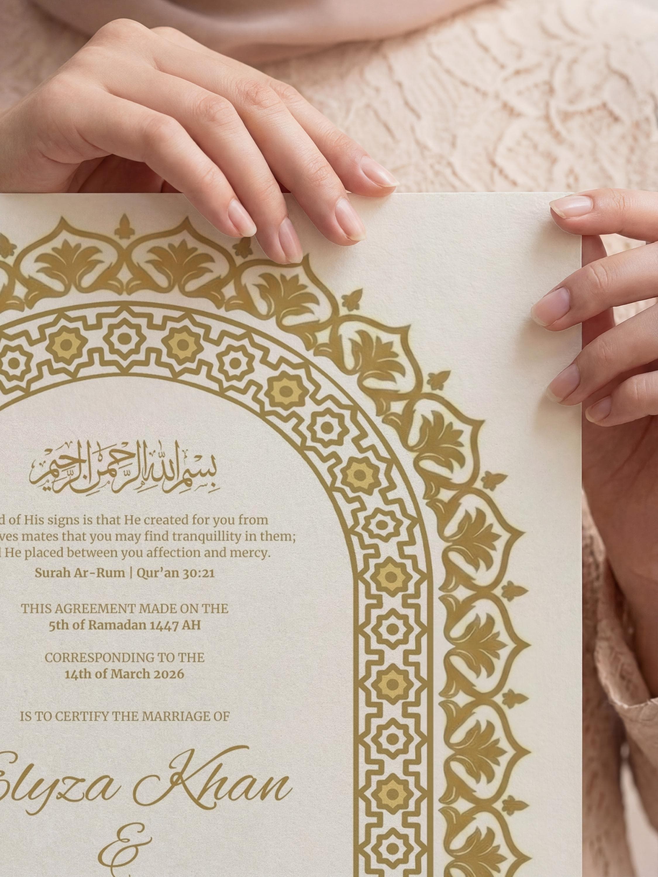 Gold Arch Islamic Nikkah Certificate: Trendy Muslim Wedding Contract, Luxury Personalized Marriage Template - image 5