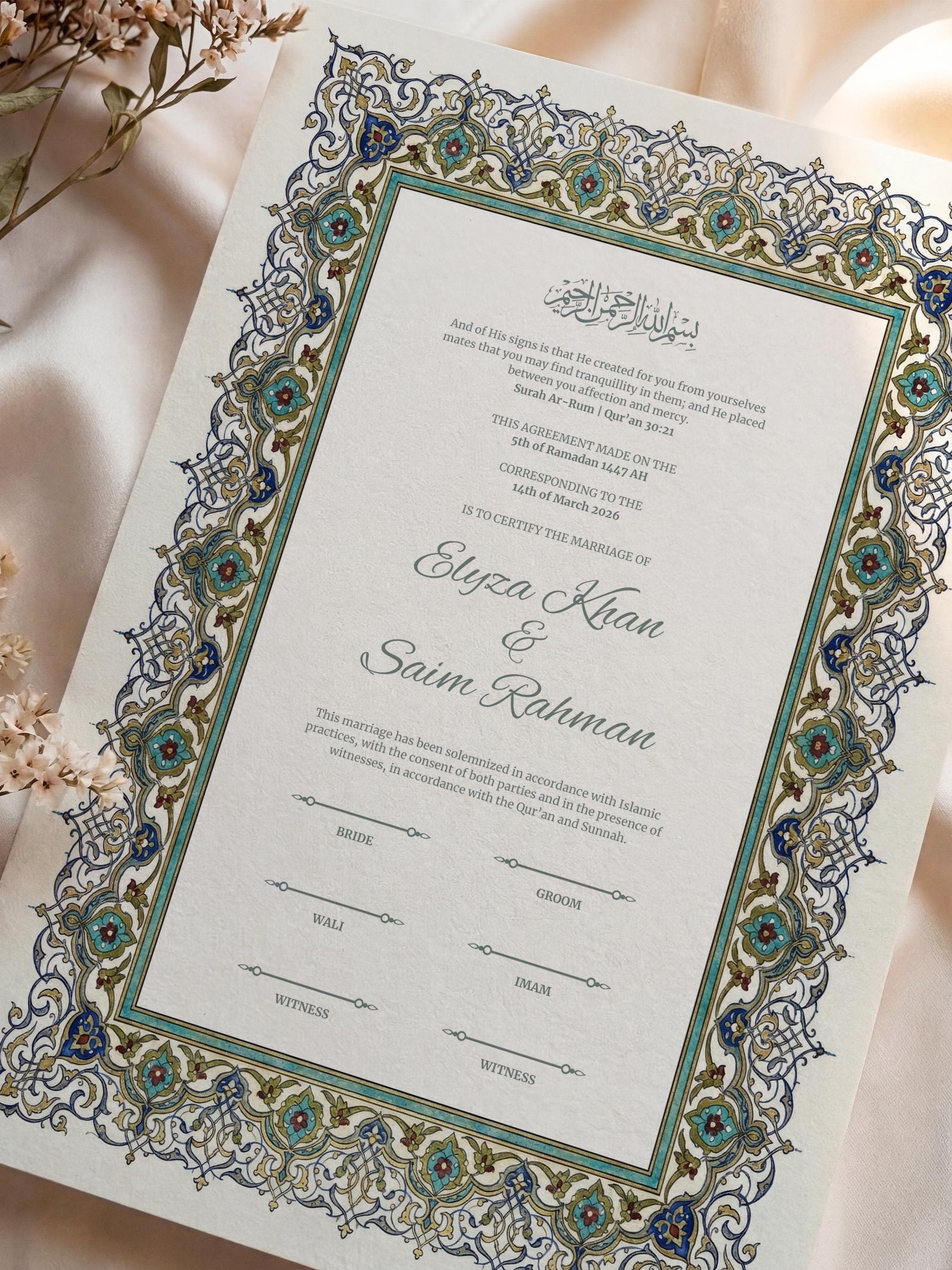 Blue Floral Islamic Nikkah Certificate: Ottoman Iznik Style Muslim Wedding Contract, Elegant Marriage Template