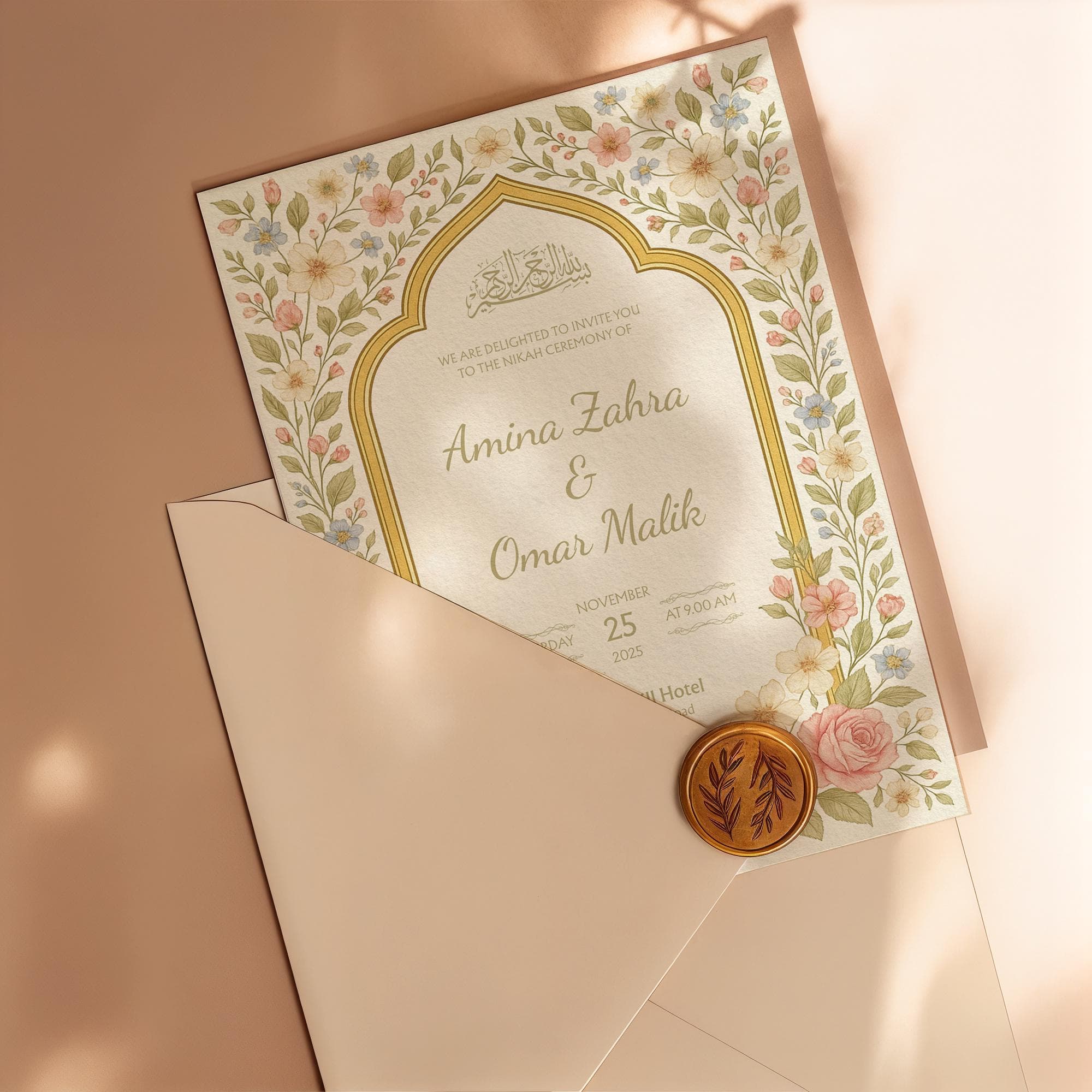 Boho Floral Muslim Nikah Invitation Template | Editable Canva Islamic Wedding Card with Soft Colors & Elegant Calligraphy | WA04 - image 4