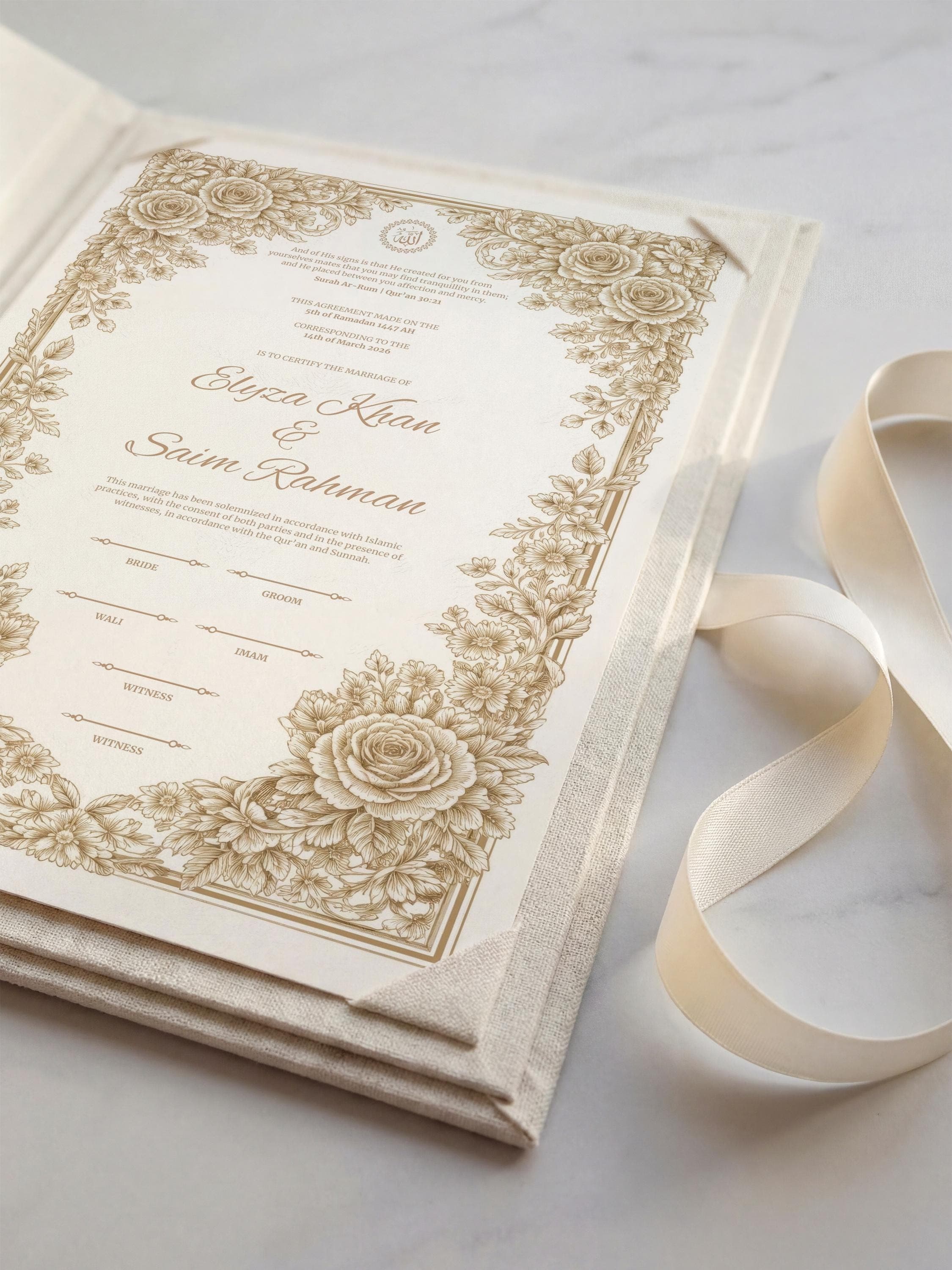 Gold Floral Islamic Nikkah Certificate: Rose Frame Muslim Wedding Keepsake, Romantic Personalized Marriage Contract - image 4