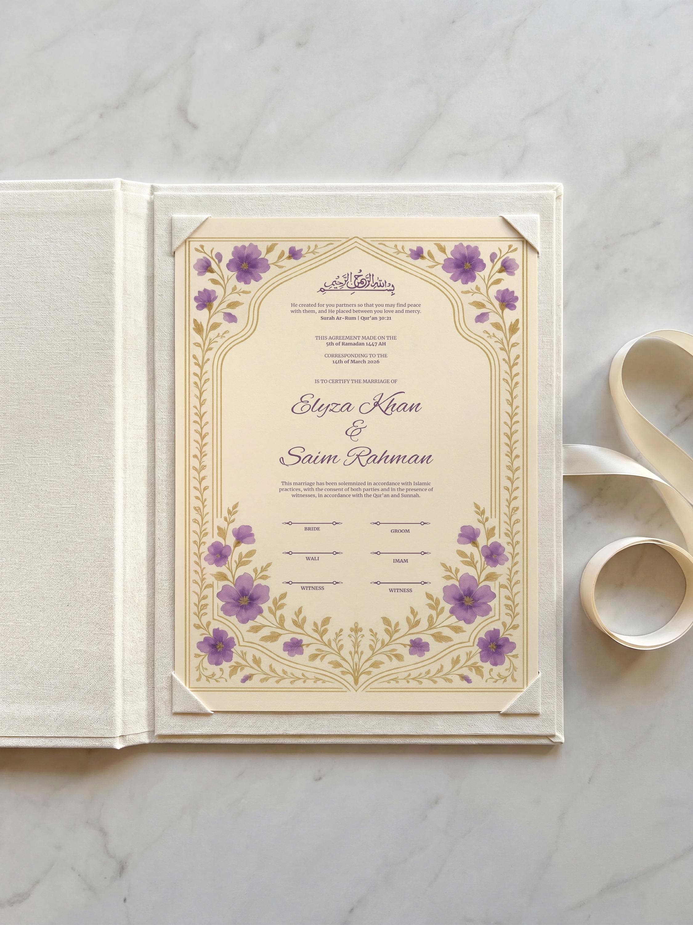Editable Purple Floral Muslim Nikkah Certificate | Elegant Islamic Wedding Contract (Canva Template A3 & A4)