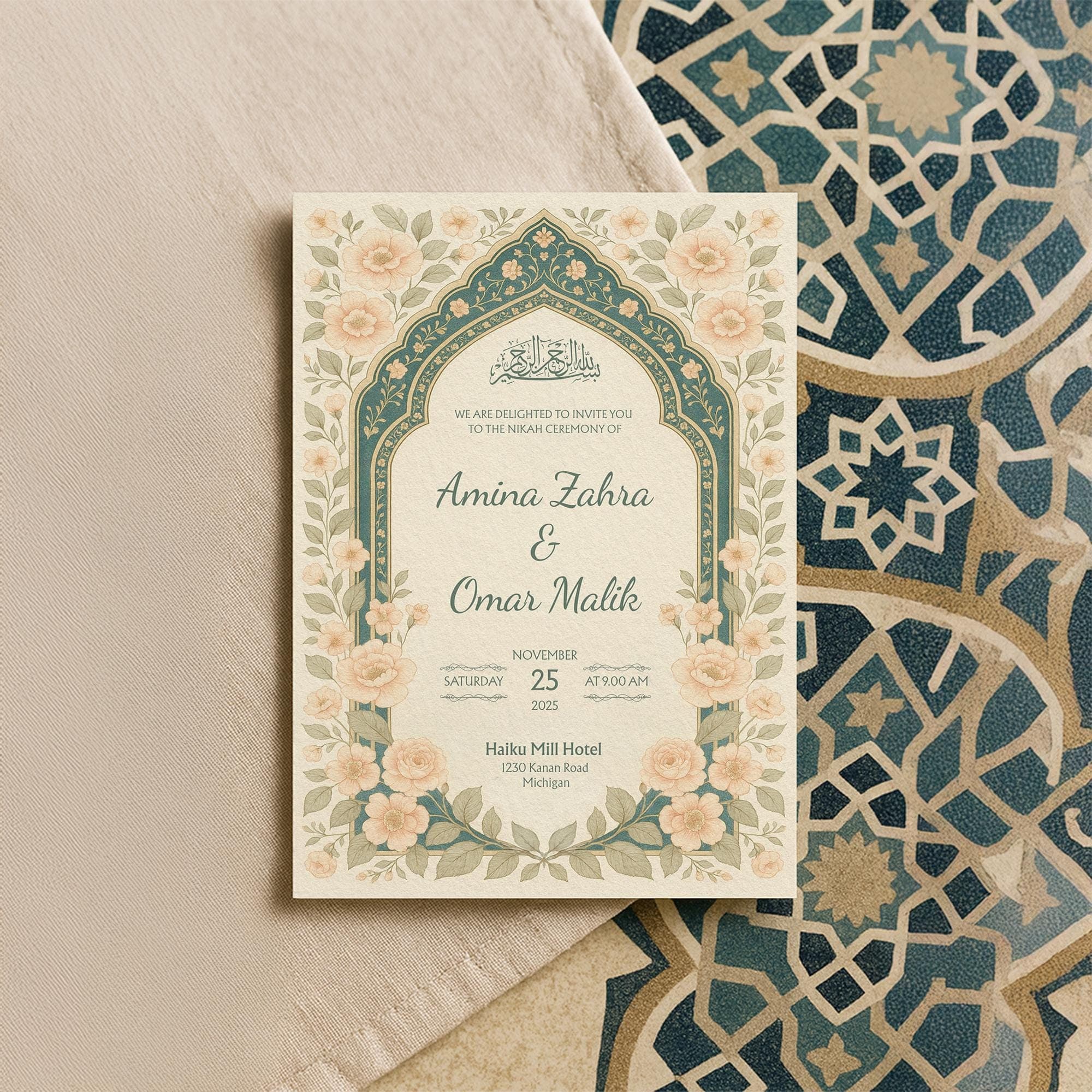 Printable Canva Islamic Nikah Invitation | Editable Digital Blush Floral Arch Template with Arabic Calligraphy in Soft Pastel Style | WA11