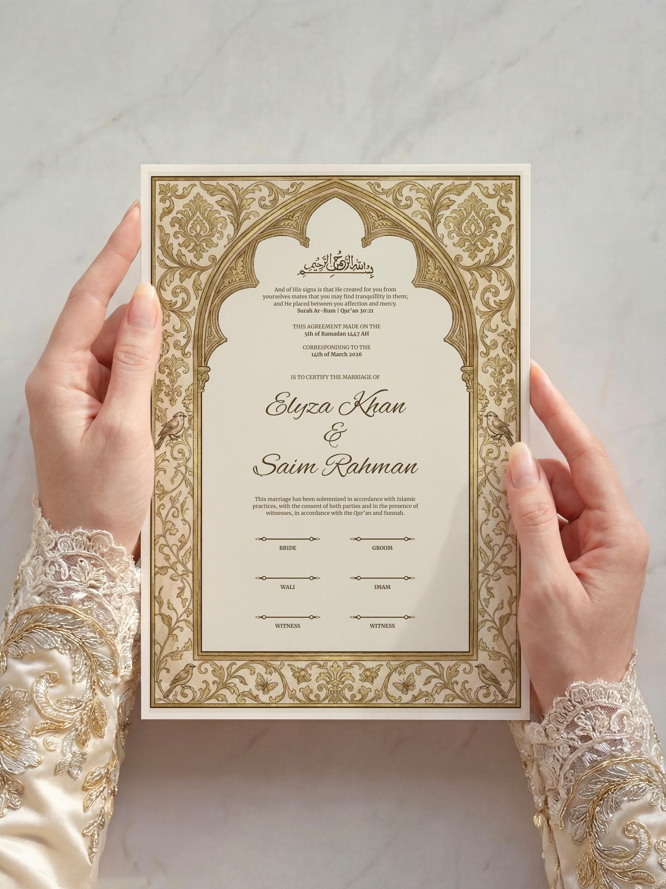 Arch Gold Islamic Nikkah Certificate: Muslim Wedding Template with Ornate Frame, Personalized Marriage Contract - image 5
